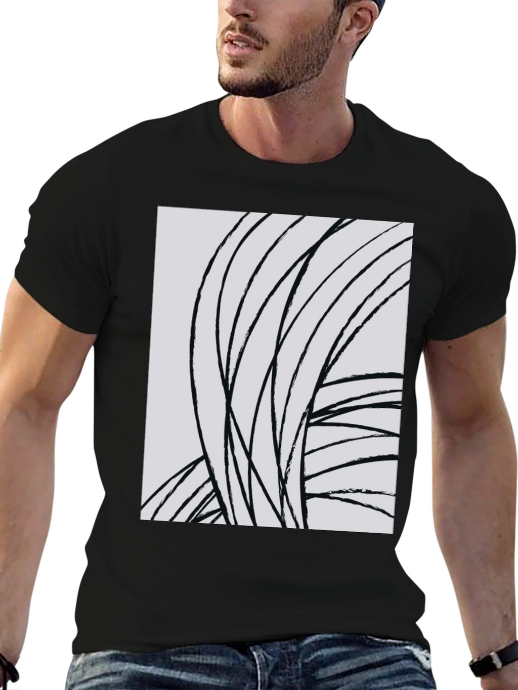 Abstract Lines Graphic Tee - Black Cotton Casual Top