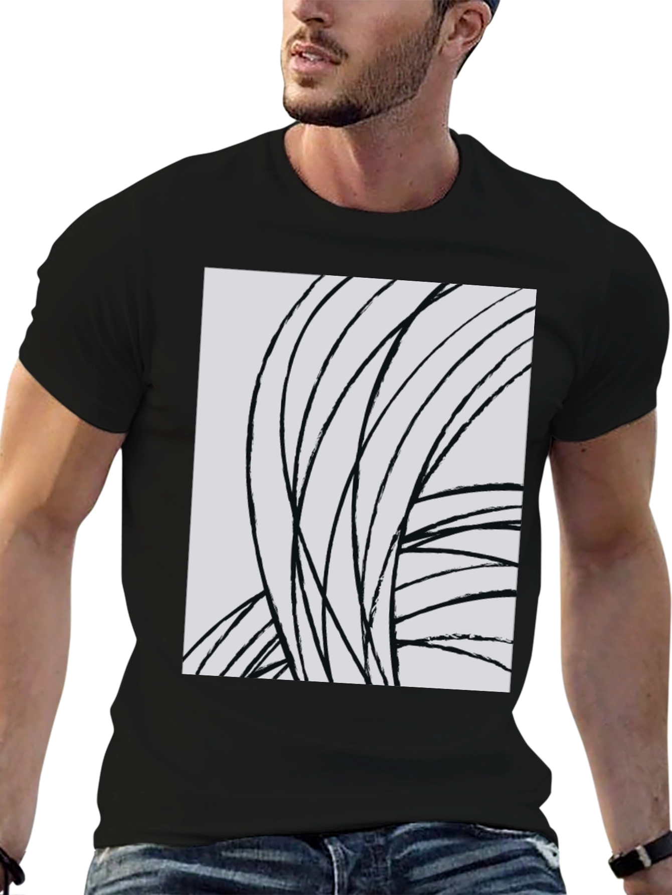 Abstract Lines Graphic Tee - Black Cotton Casual Top
