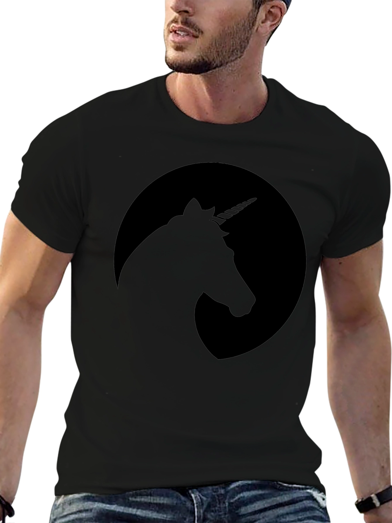 Unicorn Silhouette Graphic Tee - Black Crew Neck T-Shirt