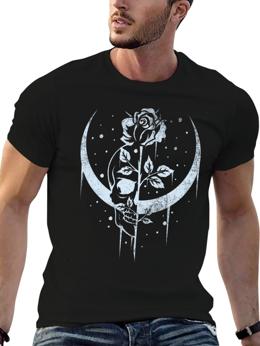 Skull and Rose Graphic Tee - Crescent Moon Design