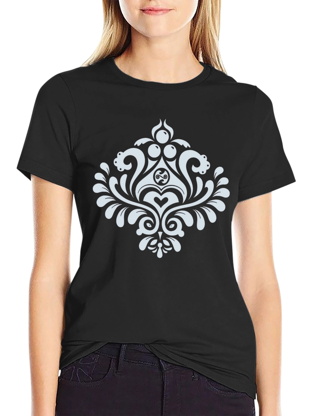 Elegant Black T-Shirt with White Damask Design