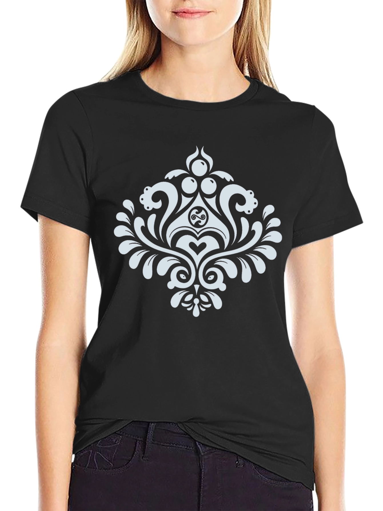 Elegant Black T-Shirt with White Damask Design