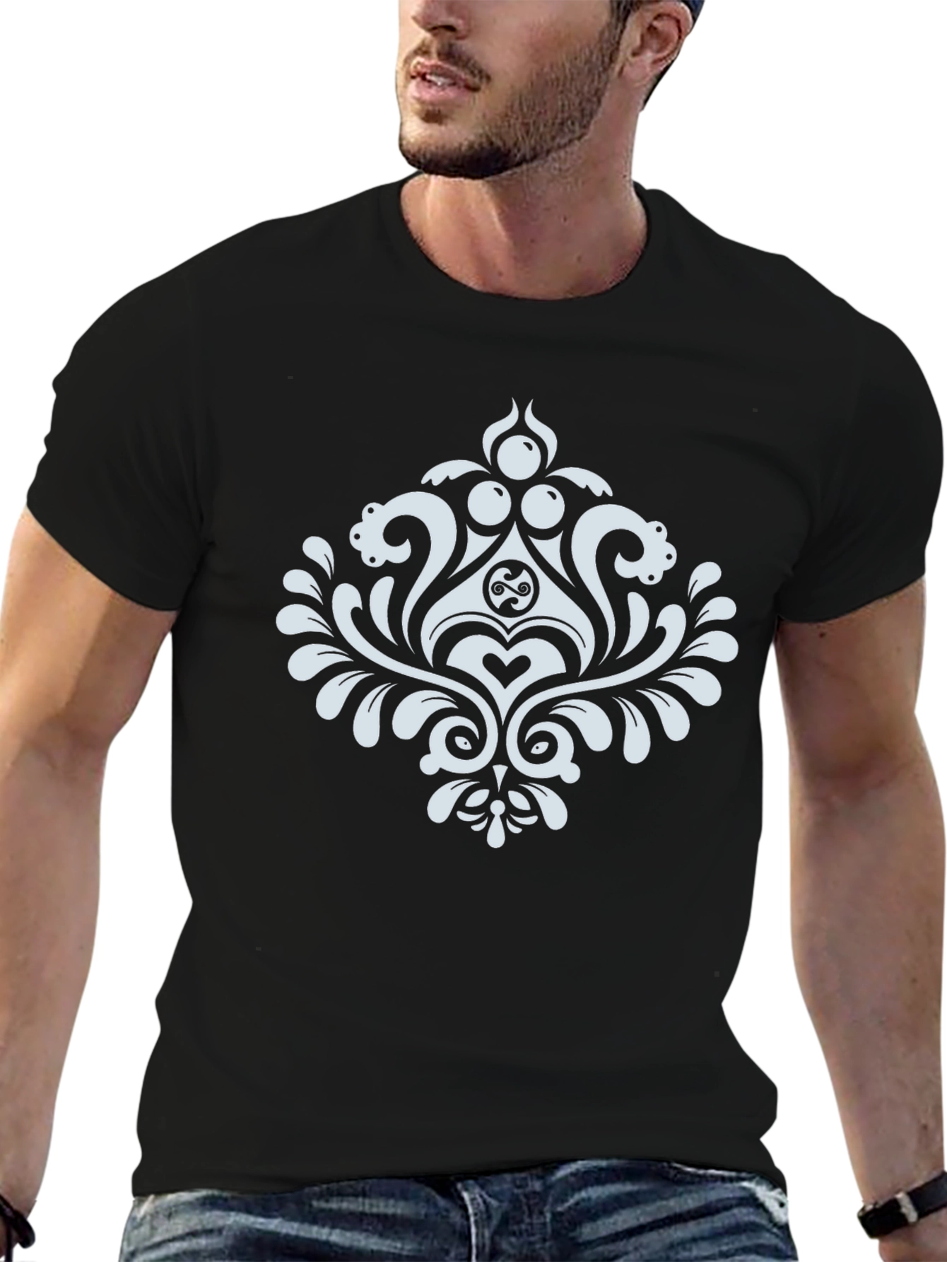 Elegant Black T-Shirt with White Damask Design