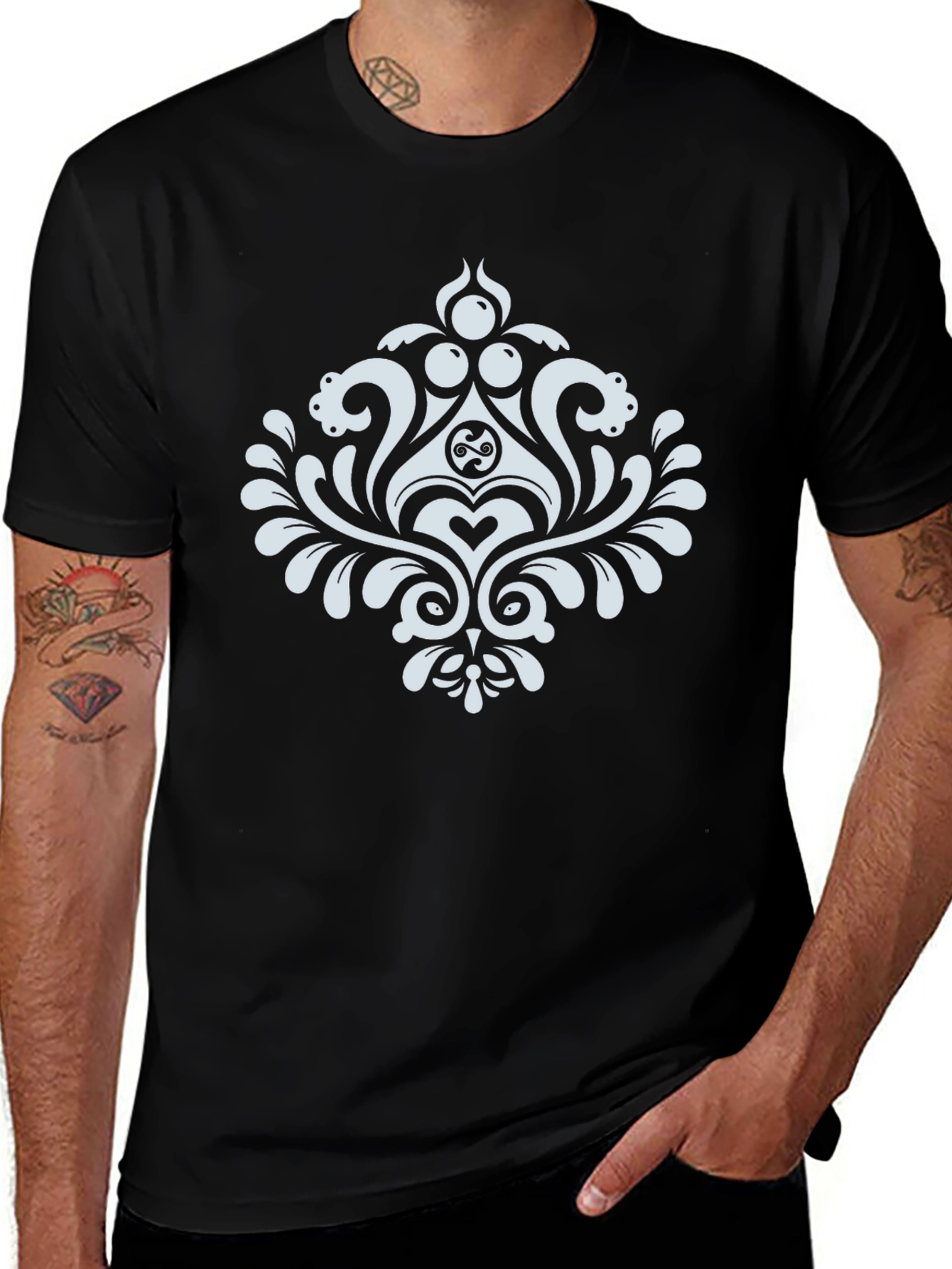 Elegant Black T-Shirt with White Damask Design