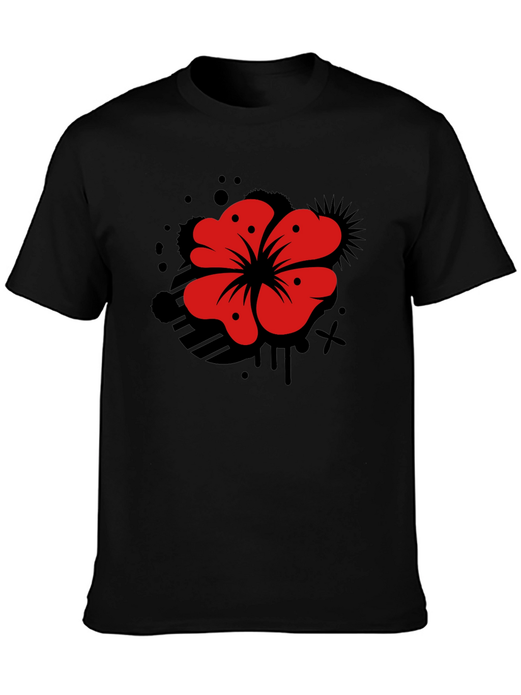 Mens Black T-Shirt with Red Flower Graphic