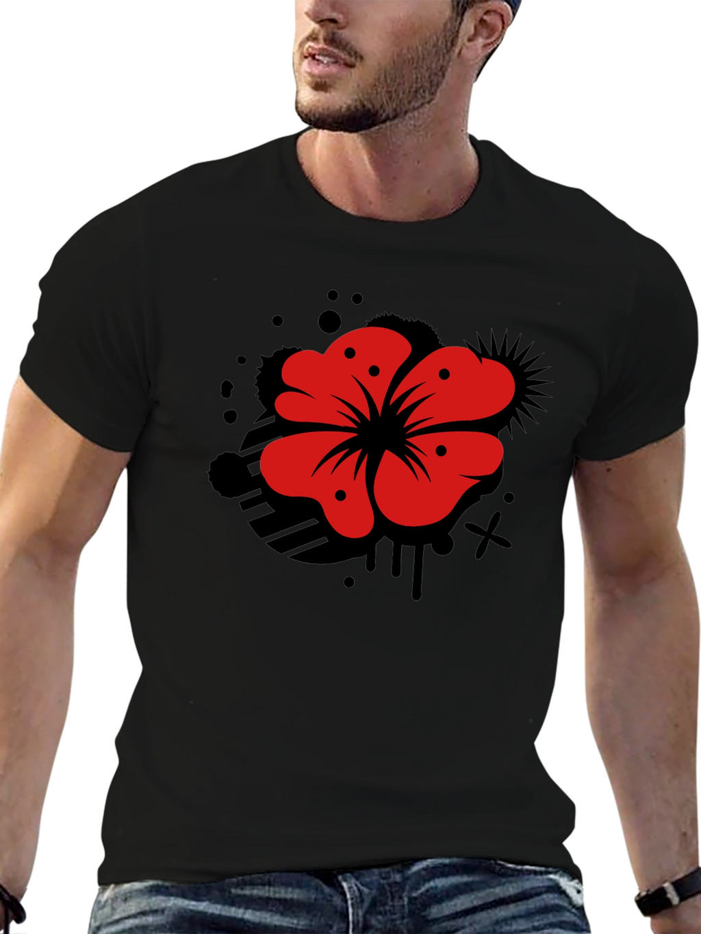 Mens Black T-Shirt with Red Flower Graphic