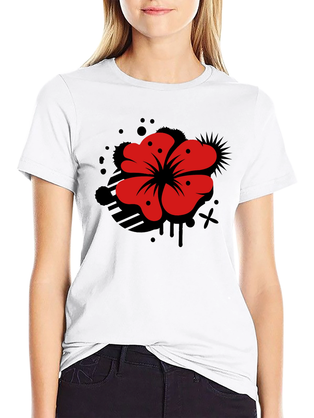 Mens Black T-Shirt with Red Flower Graphic