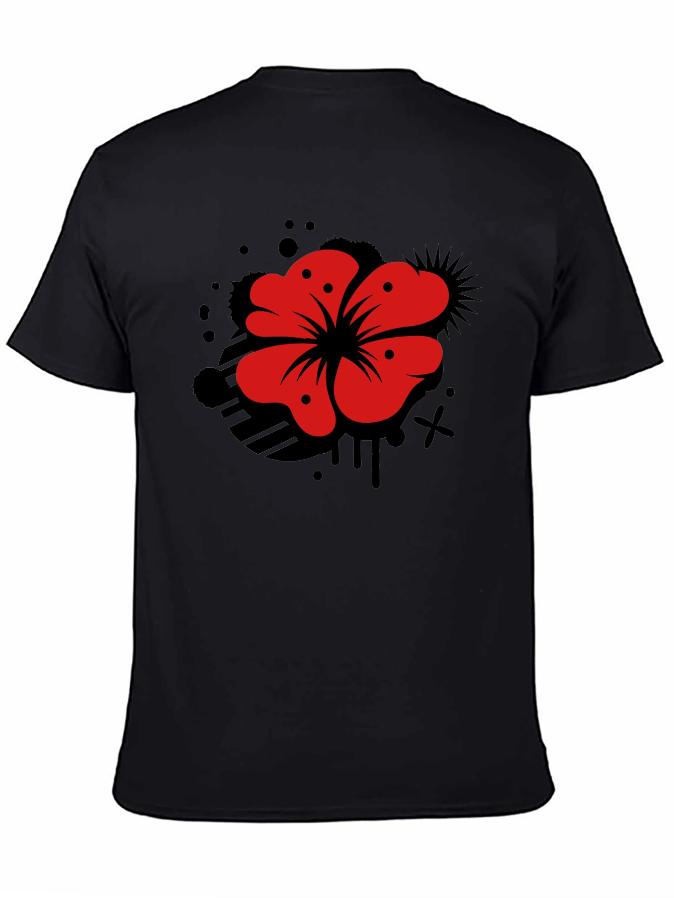 Mens Black T-Shirt with Red Flower Graphic