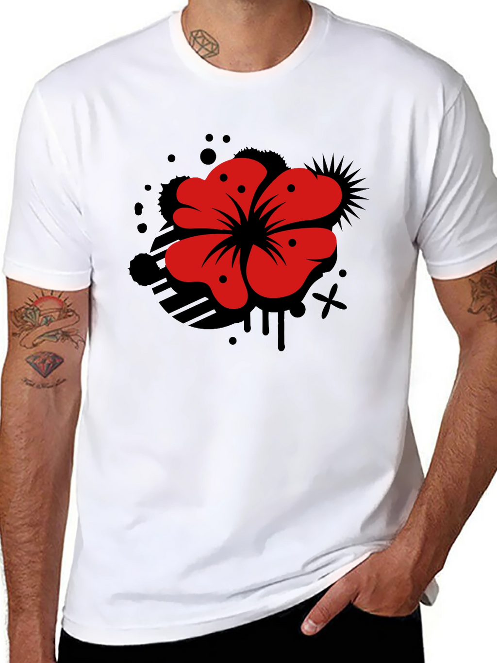 Mens Black T-Shirt with Red Flower Graphic