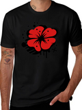 Mens Black T-Shirt with Red Flower Graphic