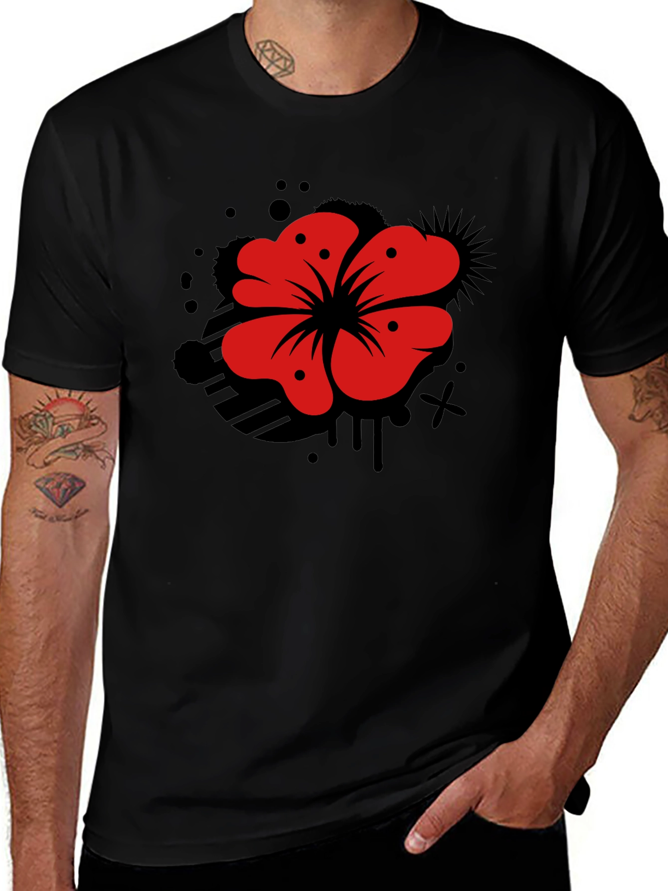 Mens Black T-Shirt with Red Flower Graphic