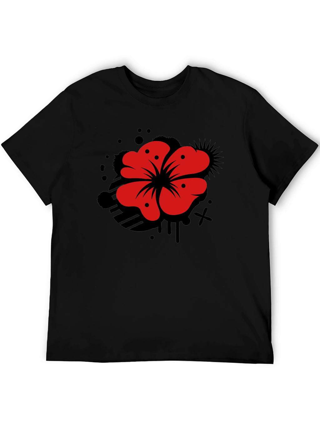 Mens Black T-Shirt with Red Flower Graphic