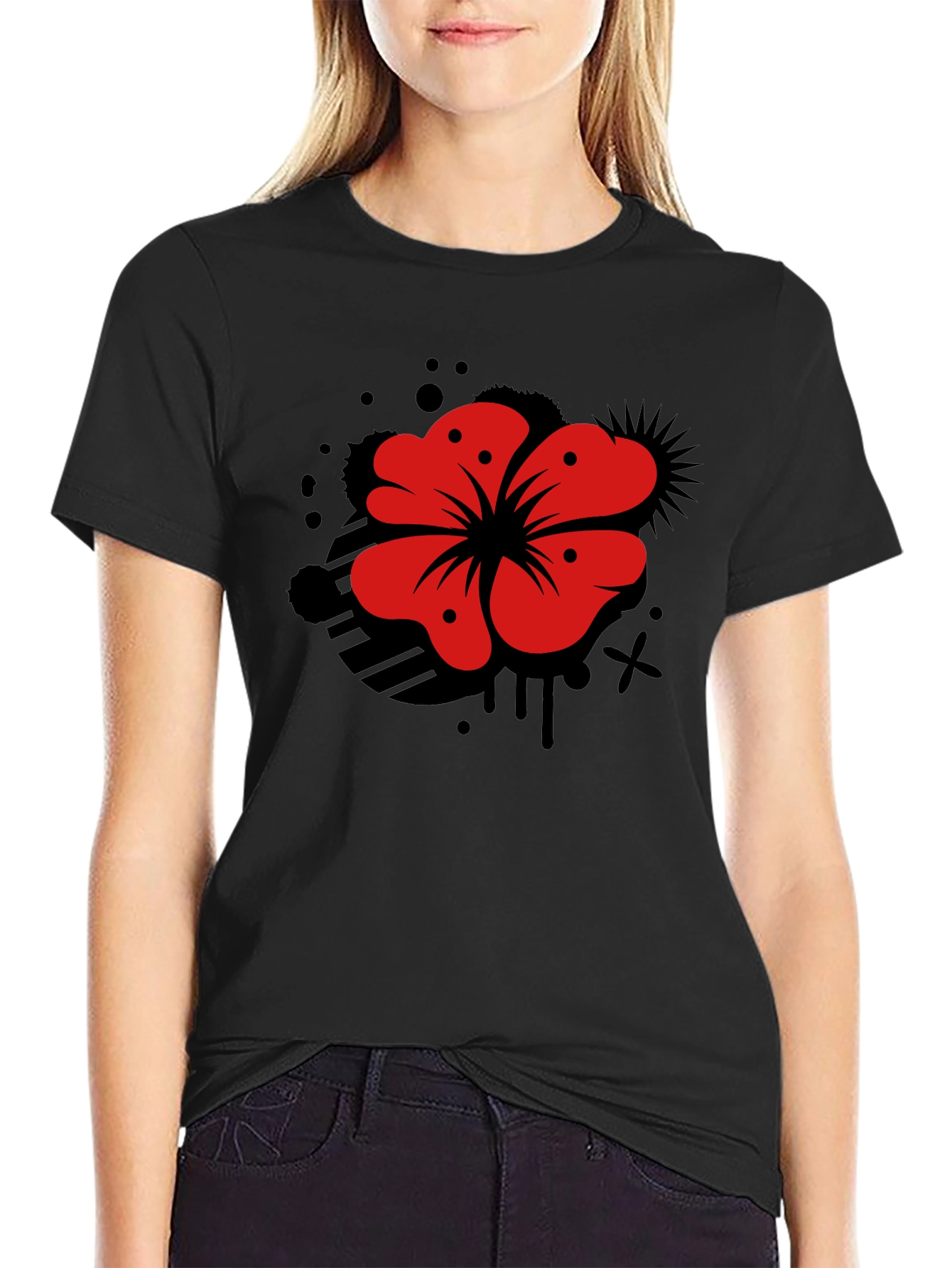 Mens Black T-Shirt with Red Flower Graphic