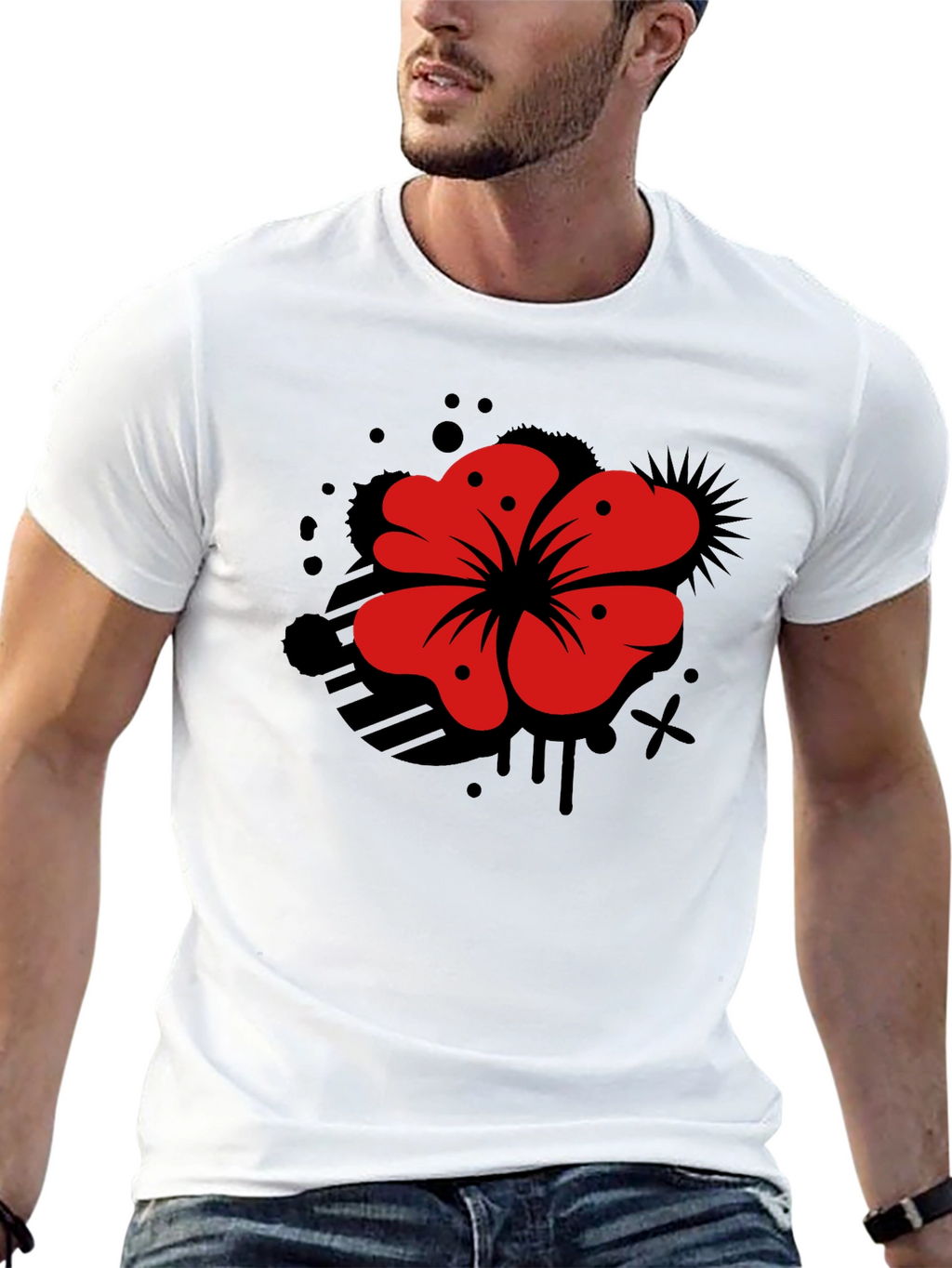 Mens Black T-Shirt with Red Flower Graphic