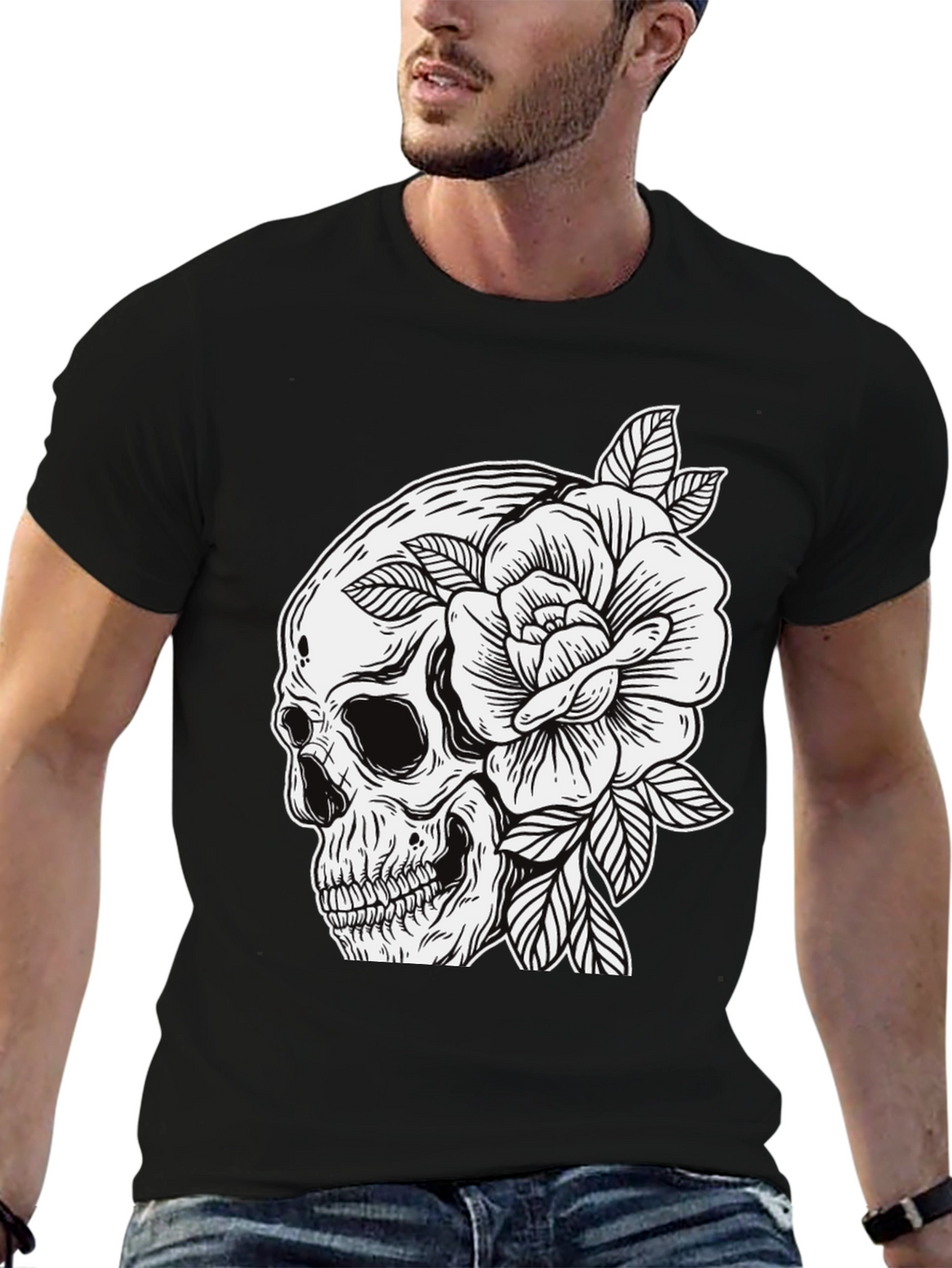 Skull & Rose Graphic Tee - Edgy Mens Fashion