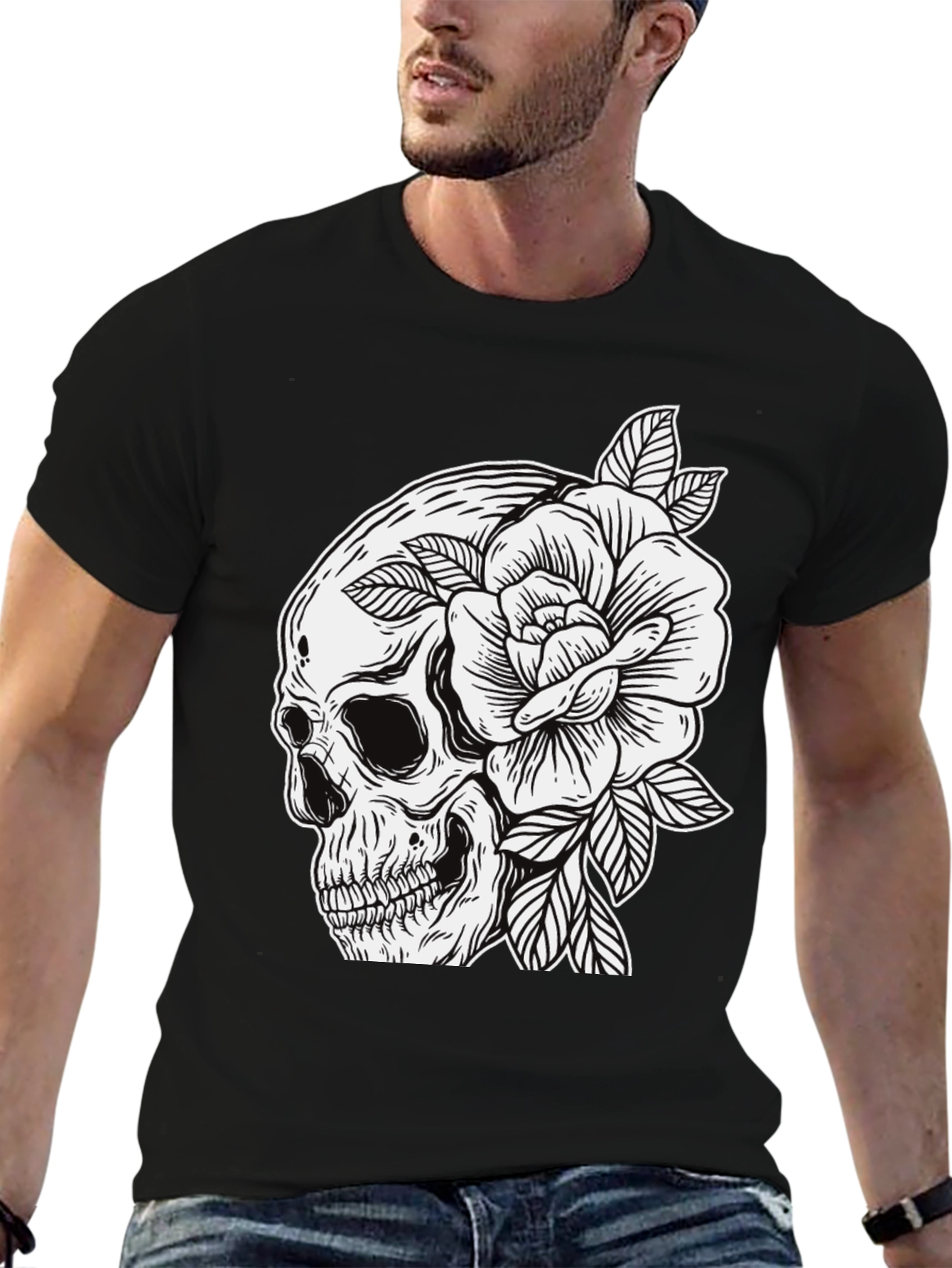 Skull & Rose Graphic Tee - Edgy Mens Fashion