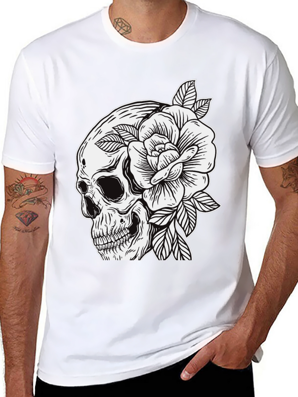 Skull & Rose Graphic Tee - Edgy Mens Fashion
