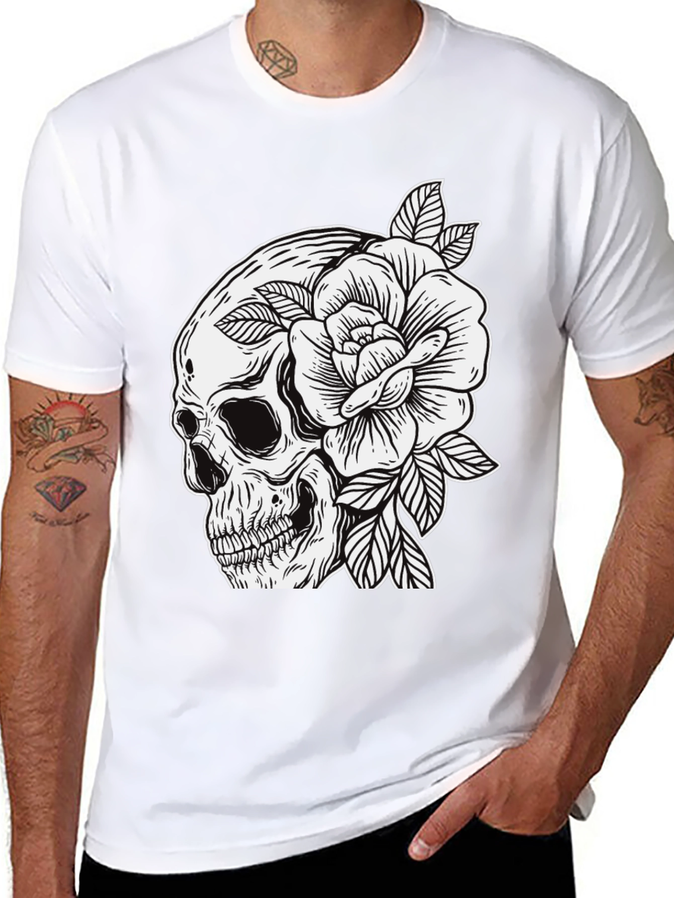 Skull & Rose Graphic Tee - Edgy Mens Fashion