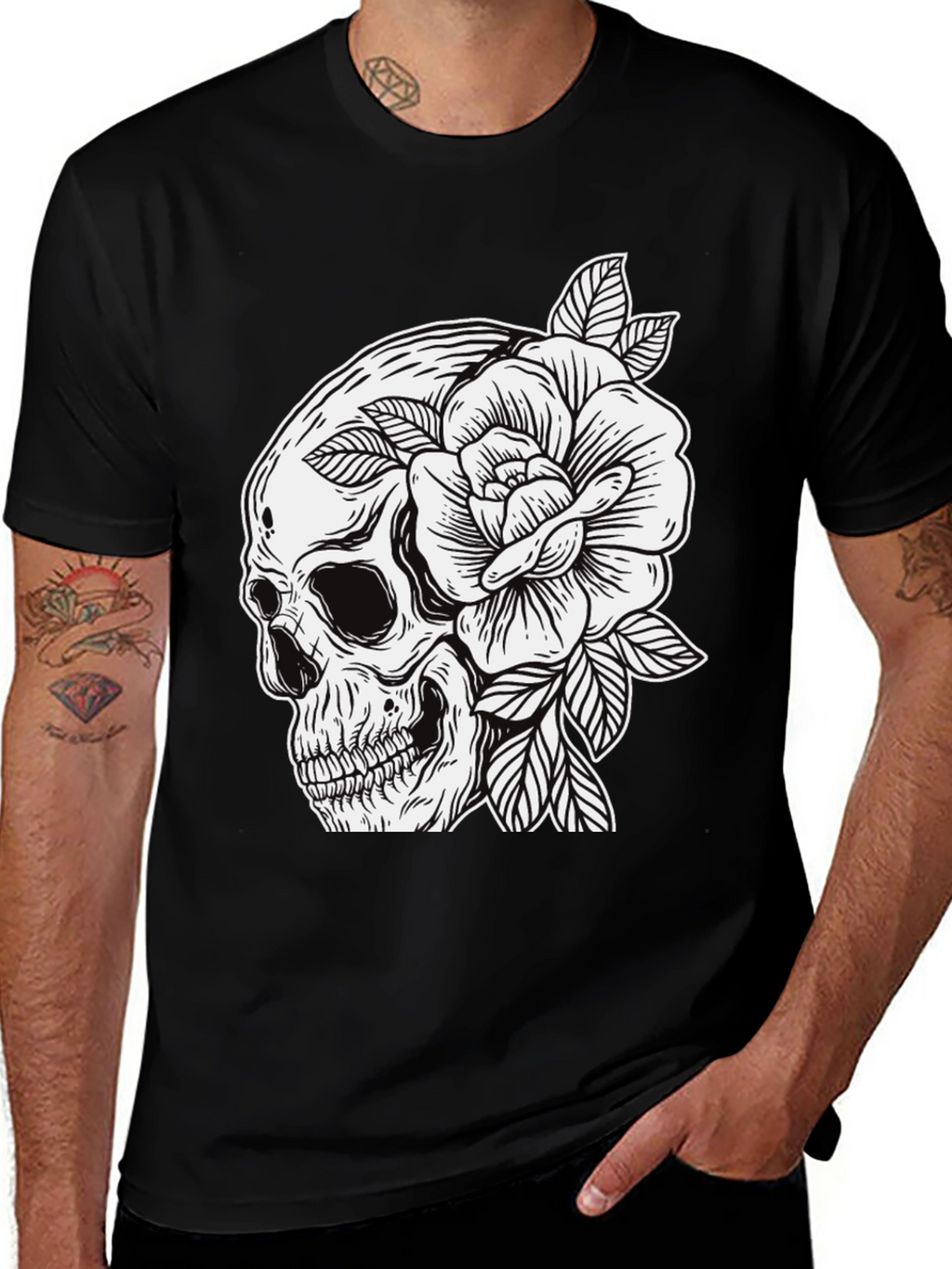 Skull & Rose Graphic Tee - Edgy Mens Fashion
