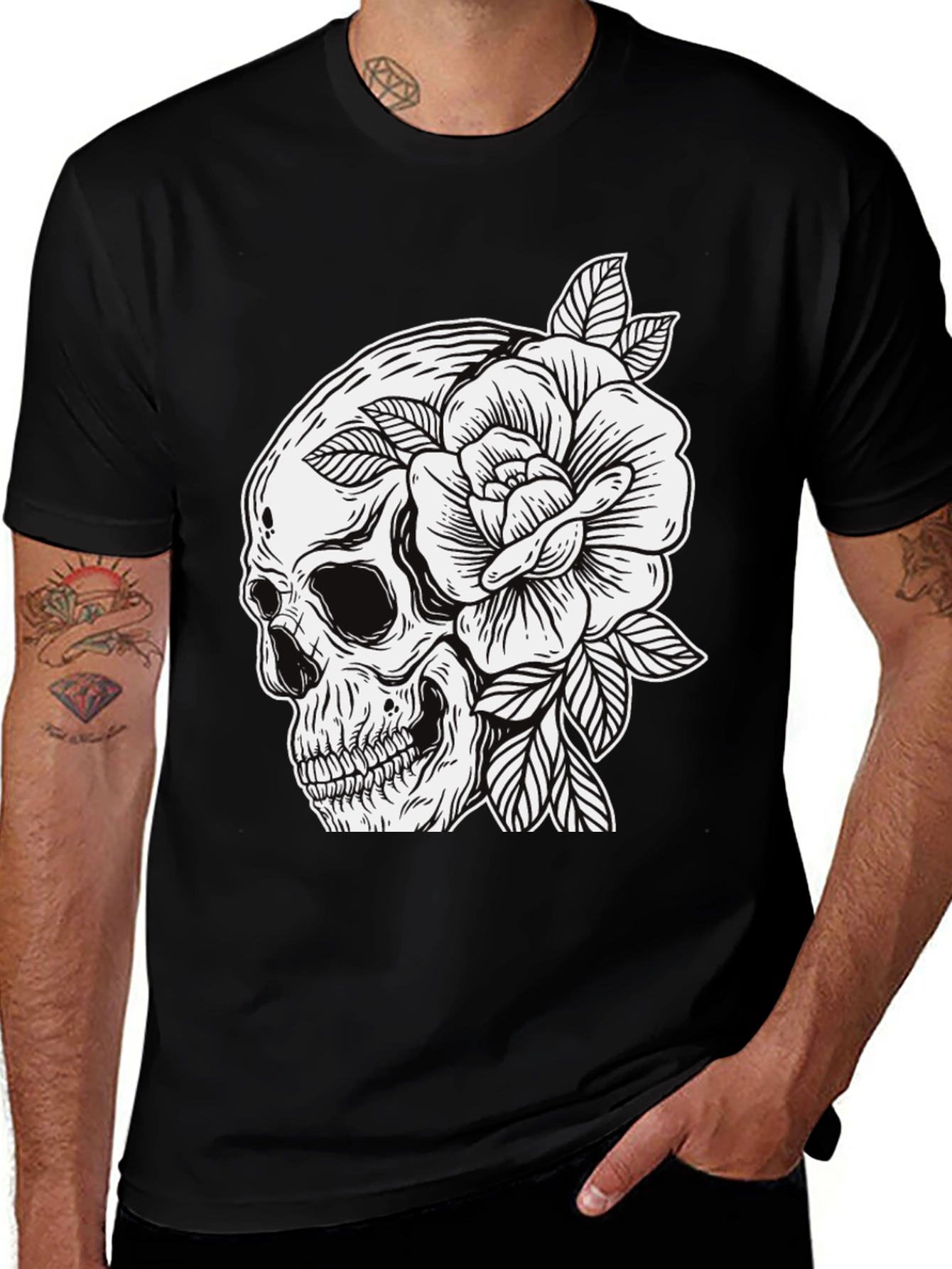 Skull & Rose Graphic Tee - Edgy Mens Fashion