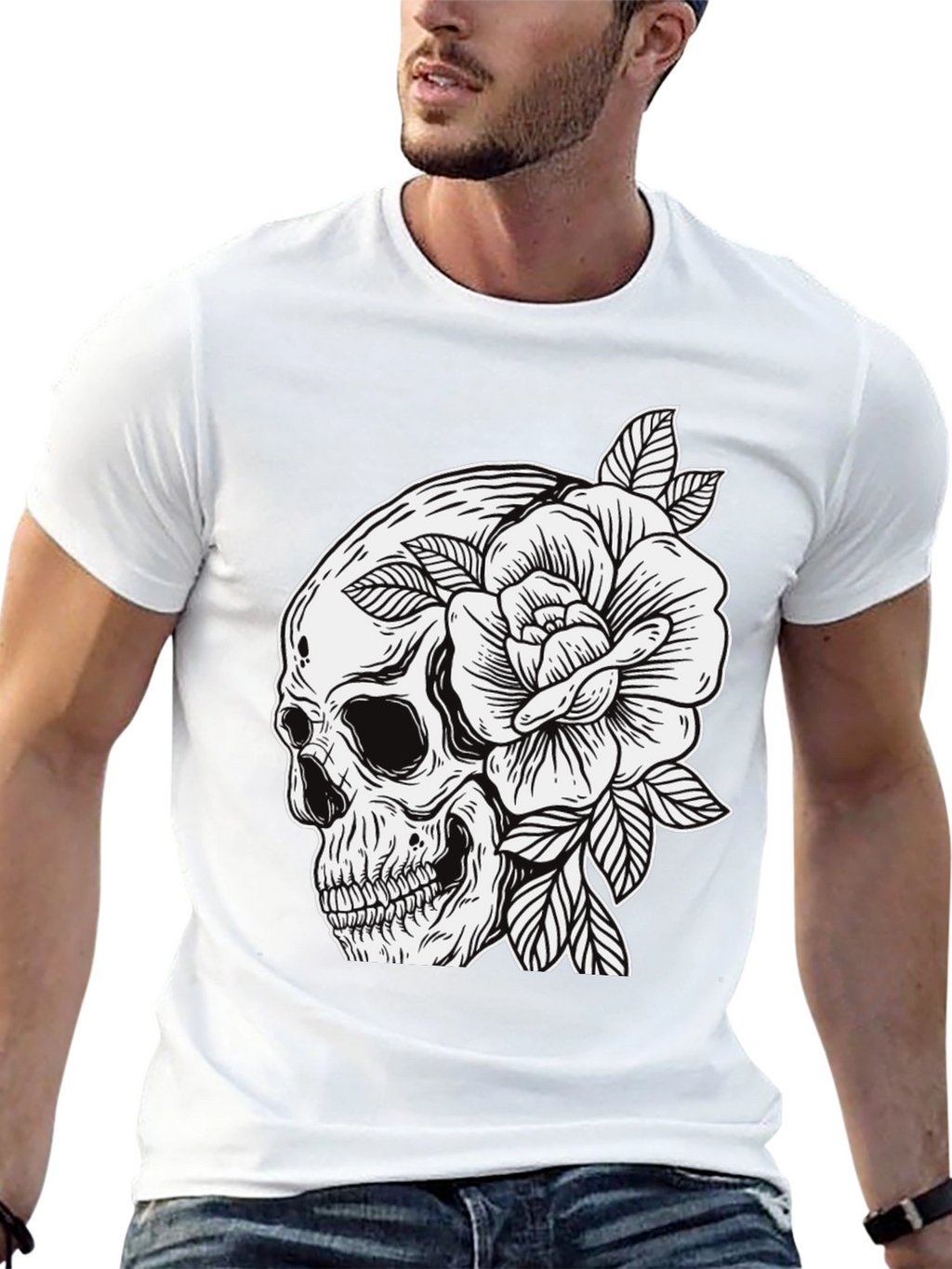 Skull & Rose Graphic Tee - Edgy Mens Fashion
