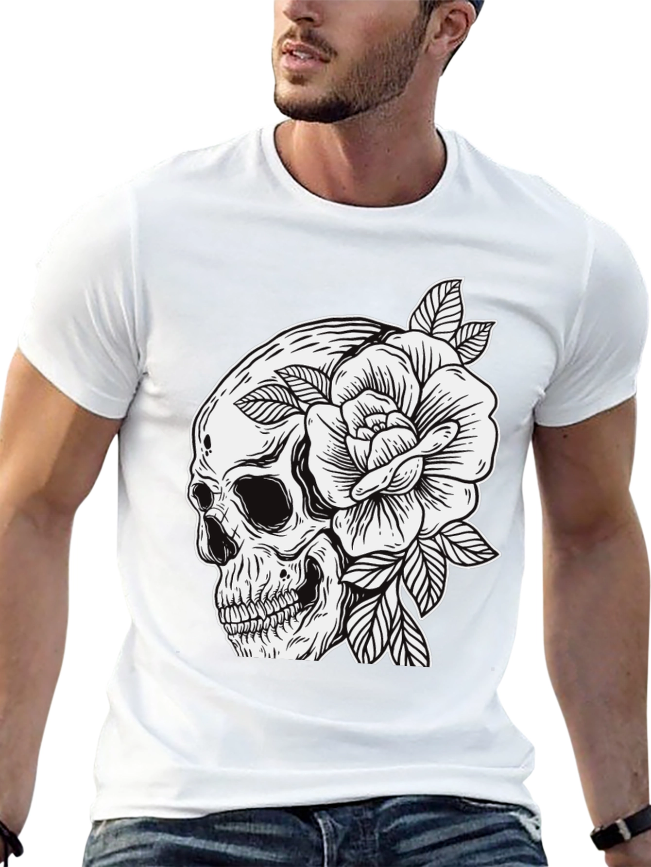 Skull & Rose Graphic Tee - Edgy Mens Fashion