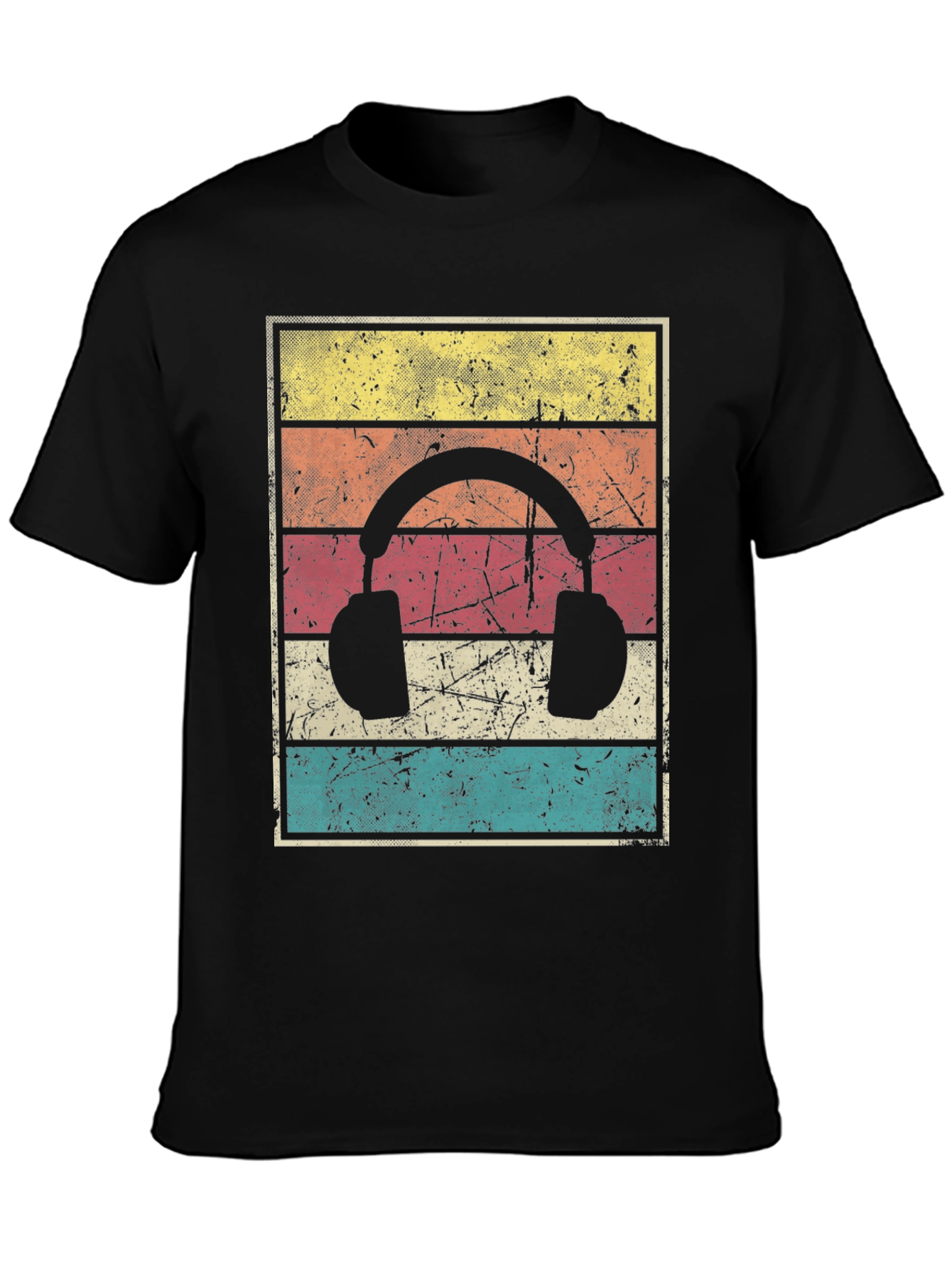 Retro Headphone Graphic Tee - Vintage Style Black T-Shirt