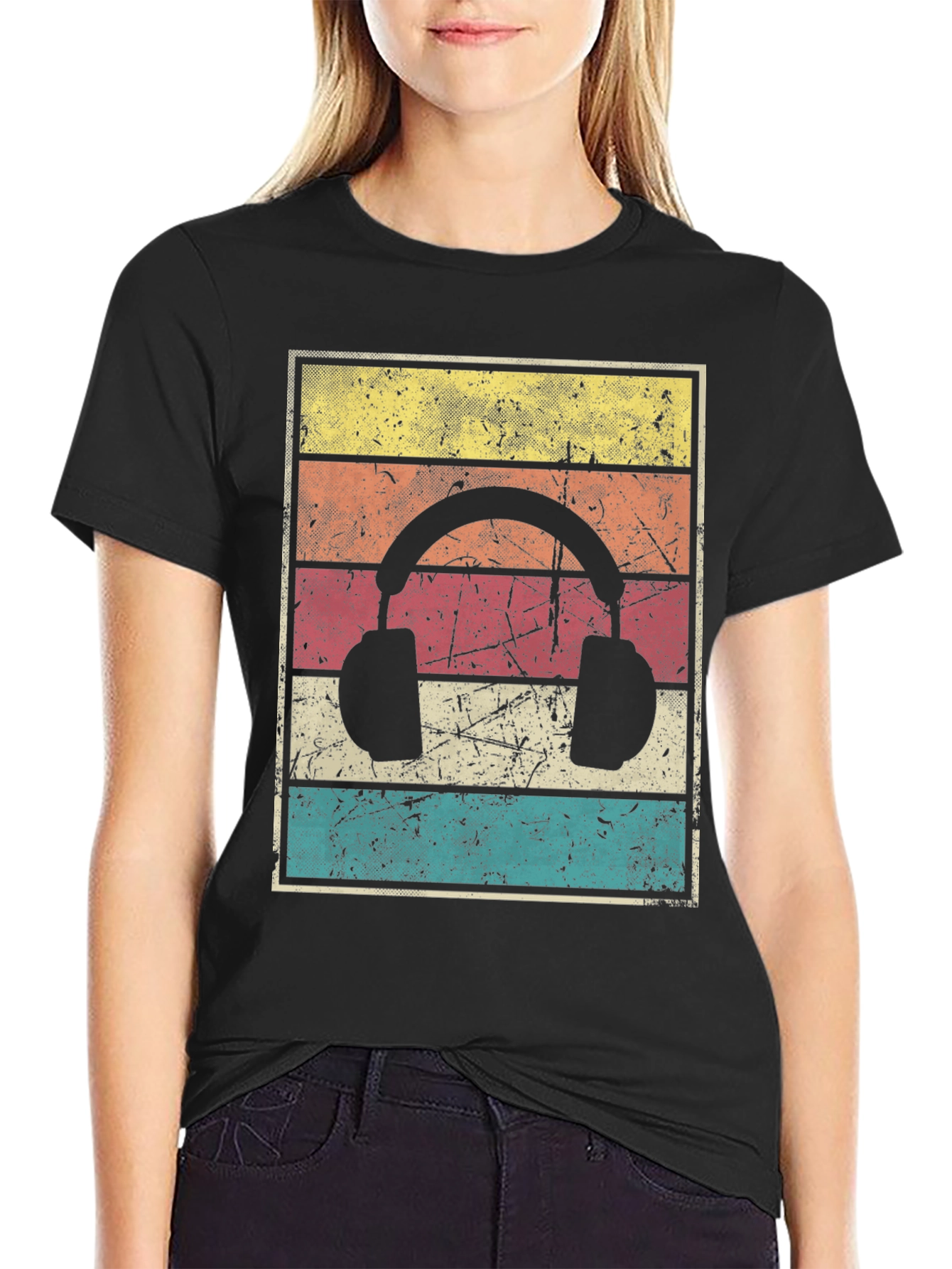 Retro Headphone Graphic Tee - Vintage Style Black T-Shirt