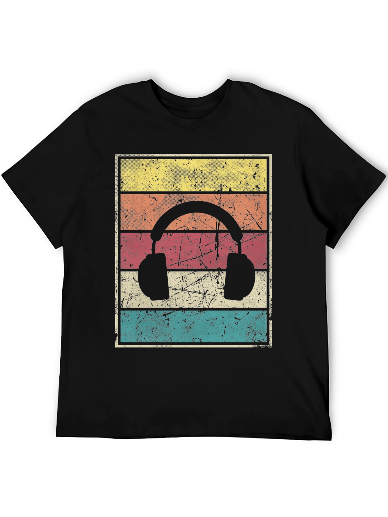 Retro Headphone Graphic Tee - Vintage Style Black T-Shirt