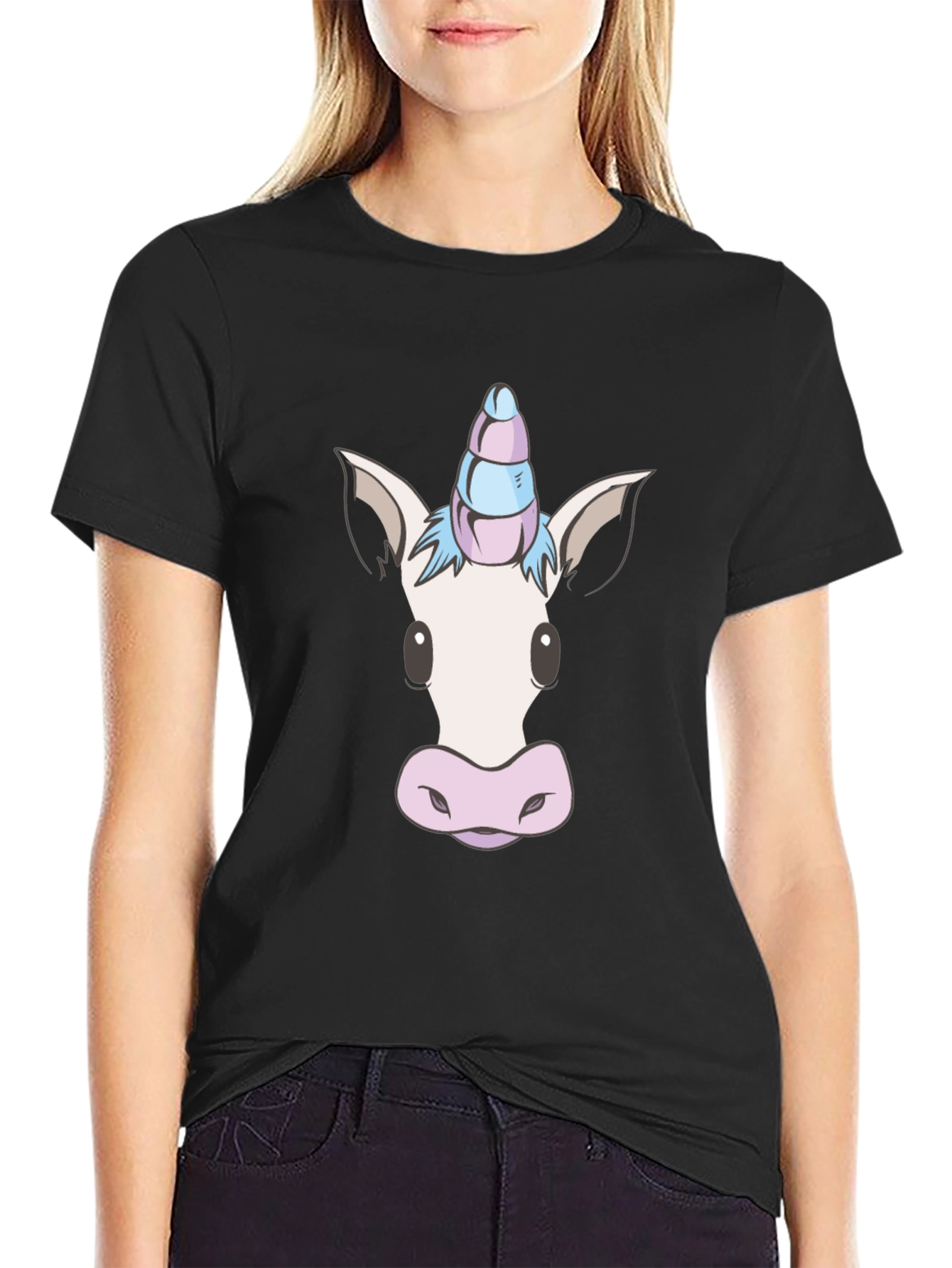 Unicorn Head Graphic Tee - Black Cotton Blend