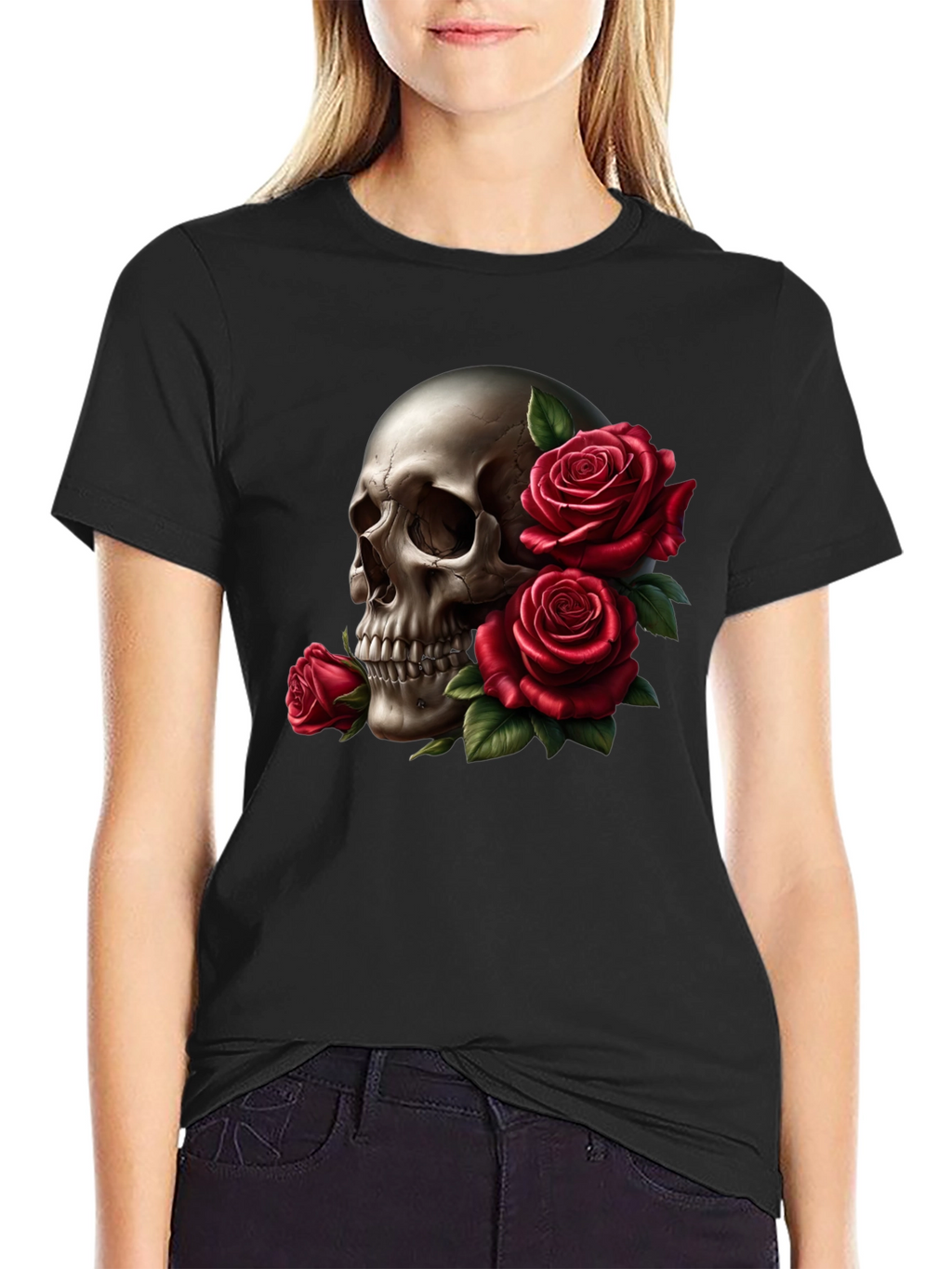 Skull and Roses Graphic Tee - Black