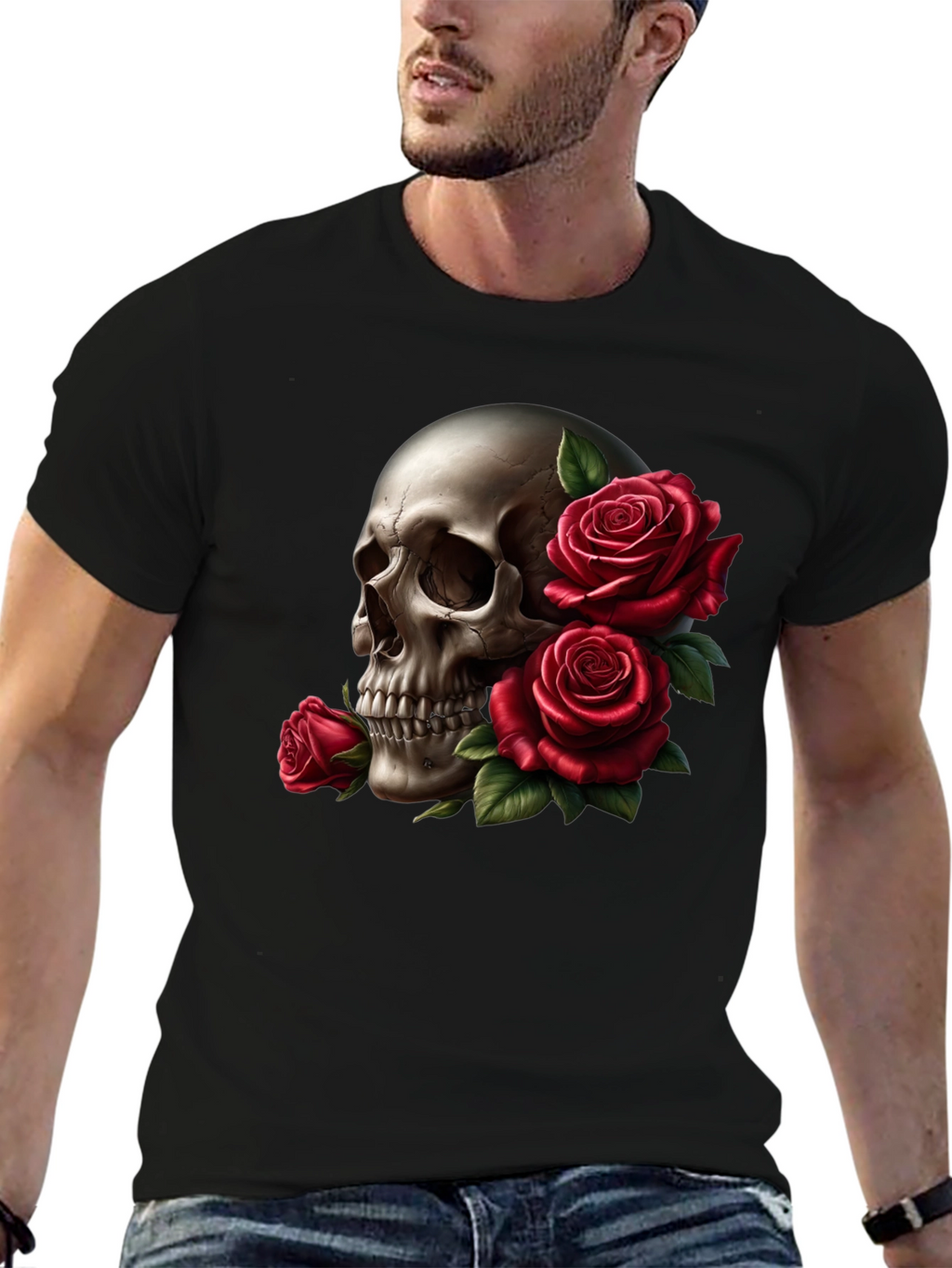 Skull and Roses Graphic Tee - Black