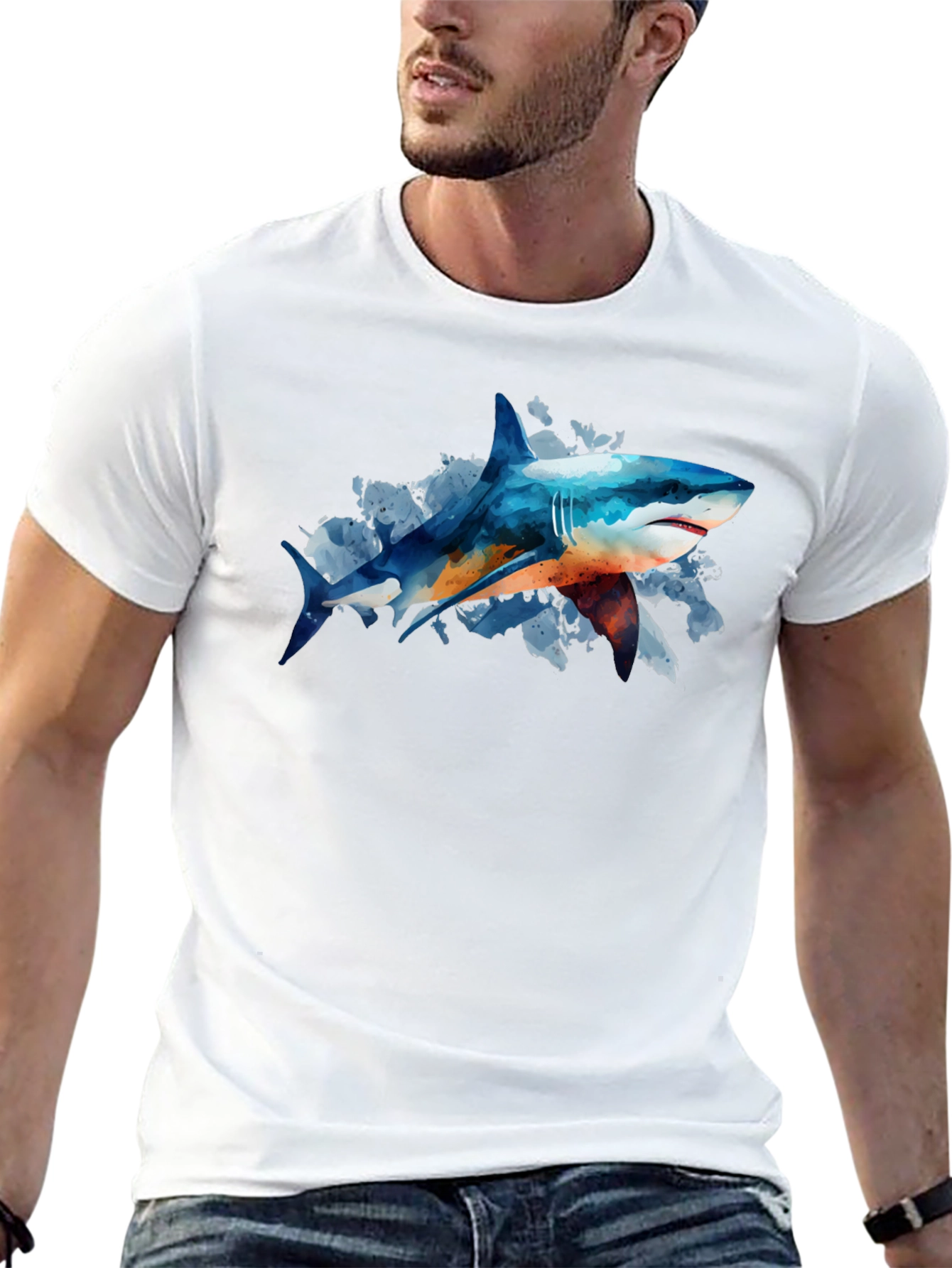 Shark Watercolor Graphic Print Black T-Shirt
