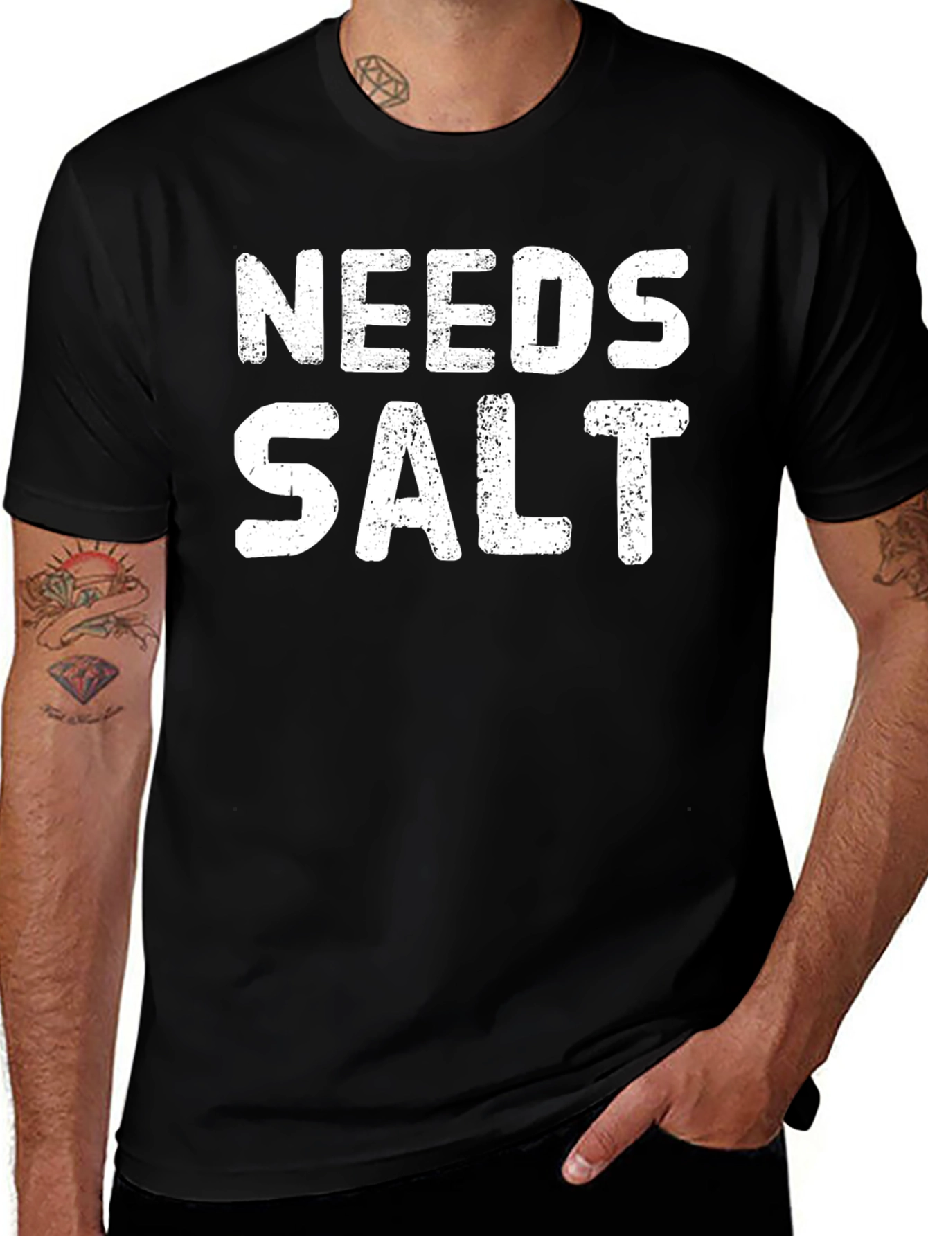 Needs Salt Black T-Shirt Funny Foodie Tee