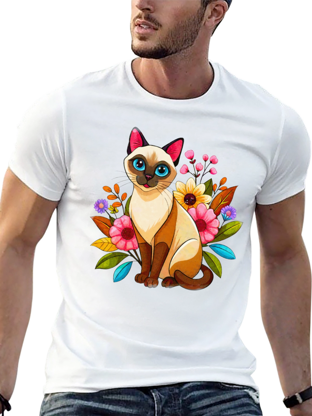 Floral Cat Graphic Tee - Unique Design