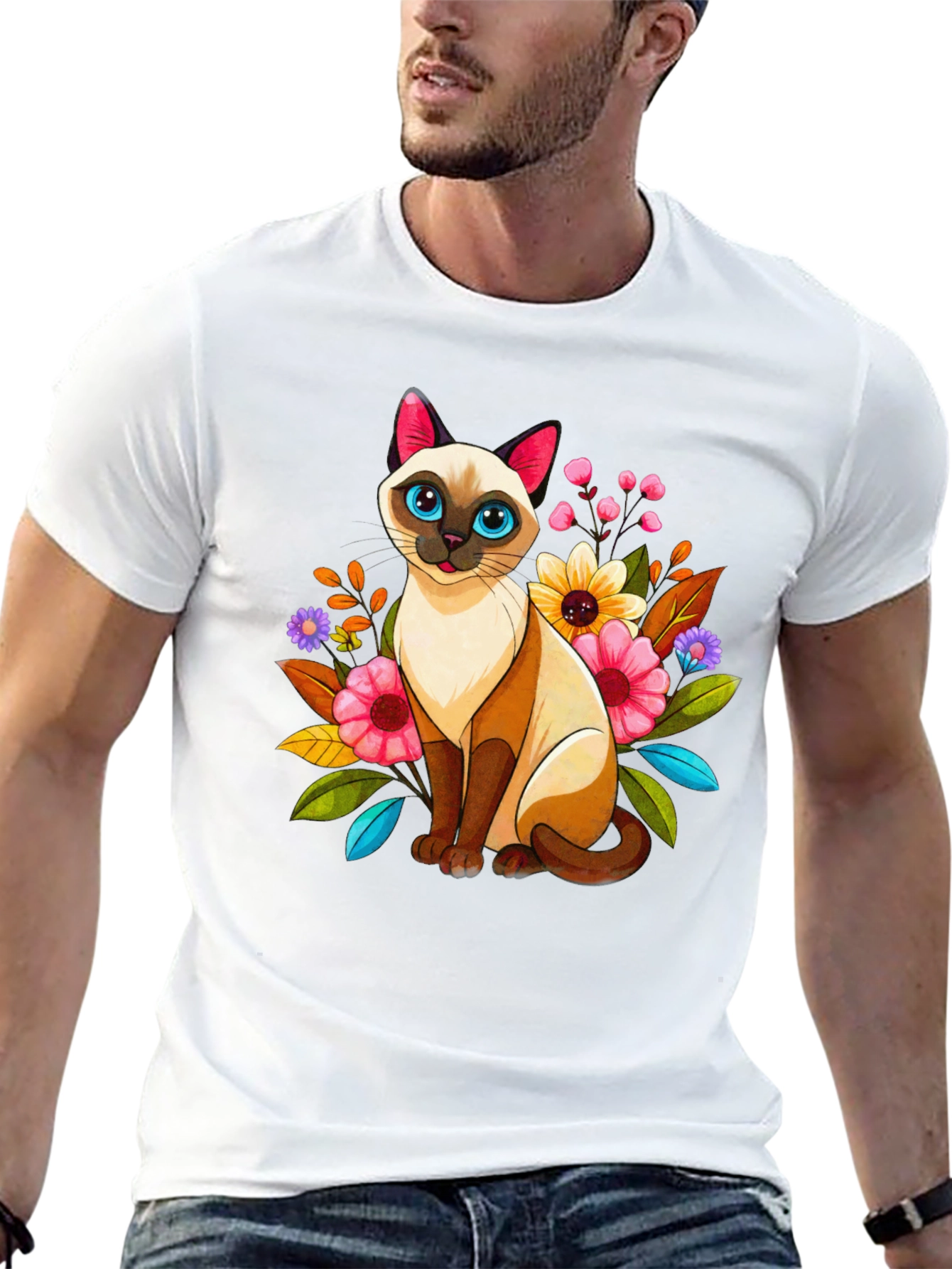 Floral Cat Graphic Tee - Unique Design