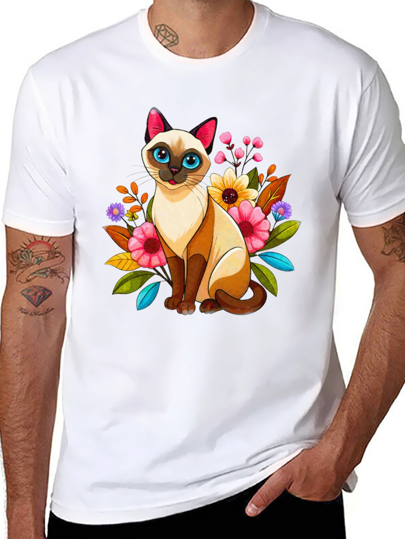 Floral Cat Graphic Tee - Unique Design