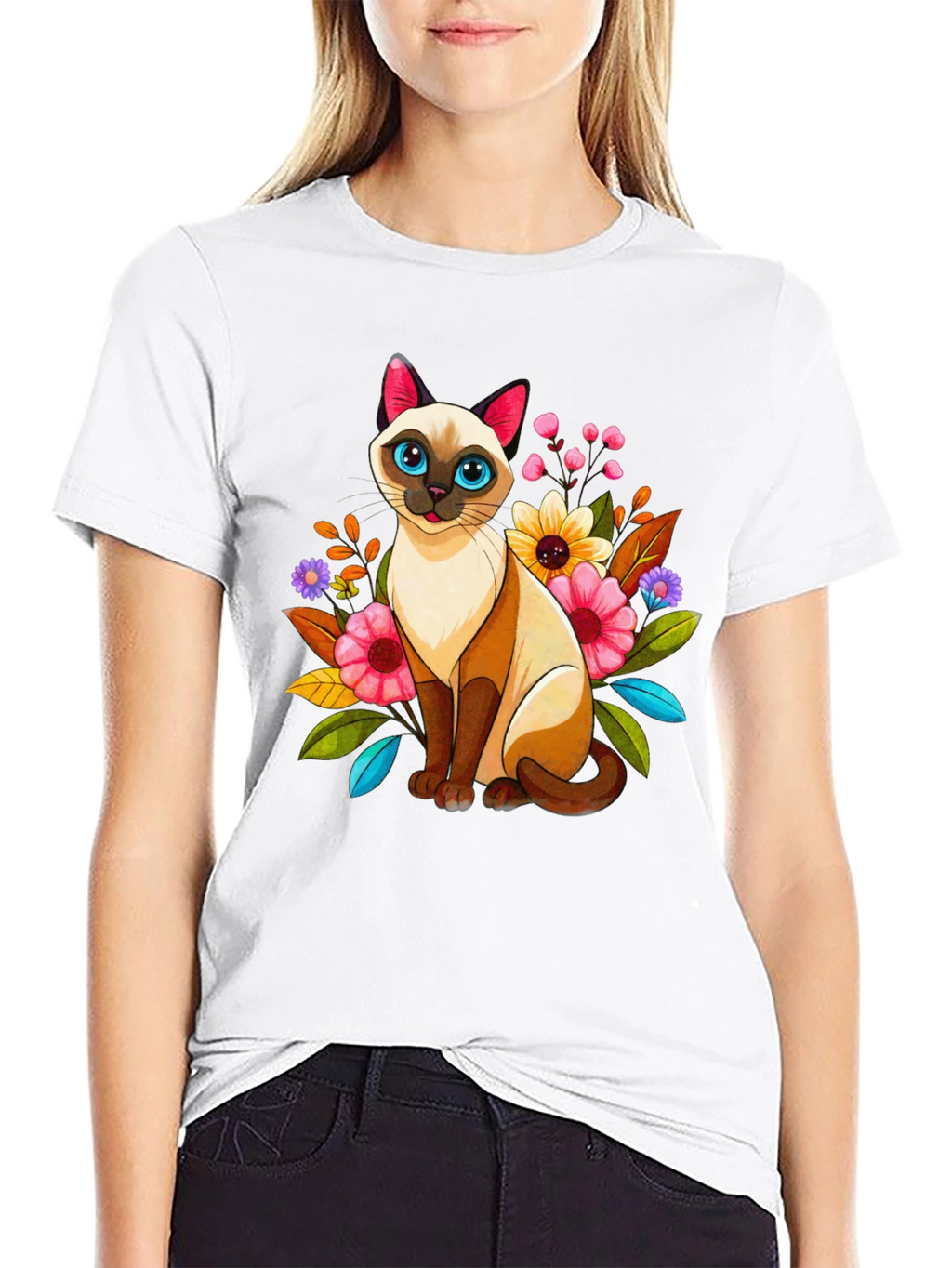 Floral Cat Graphic Tee - Unique Design