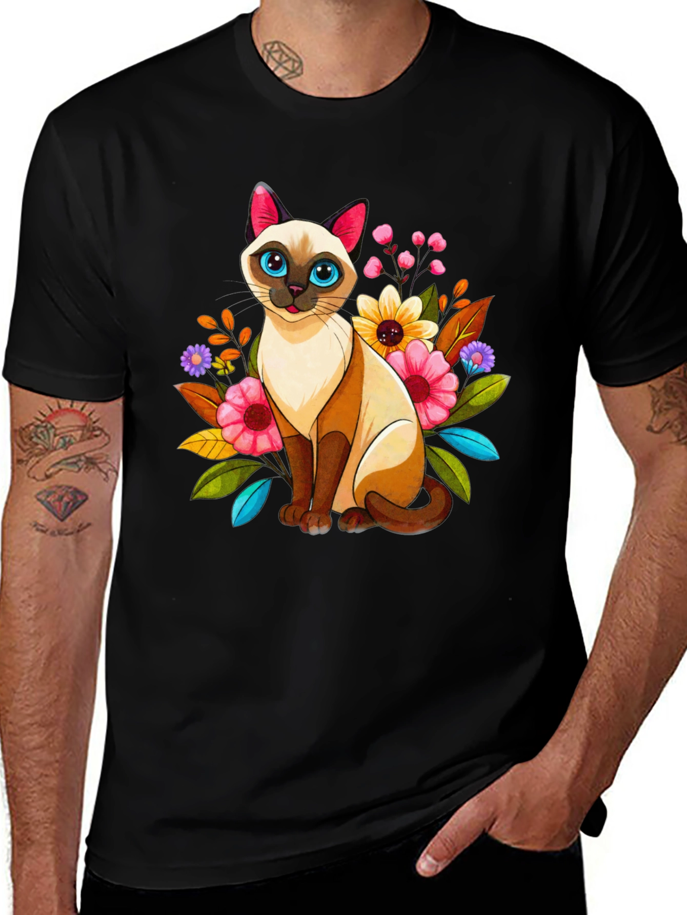 Floral Cat Graphic Tee - Unique Design