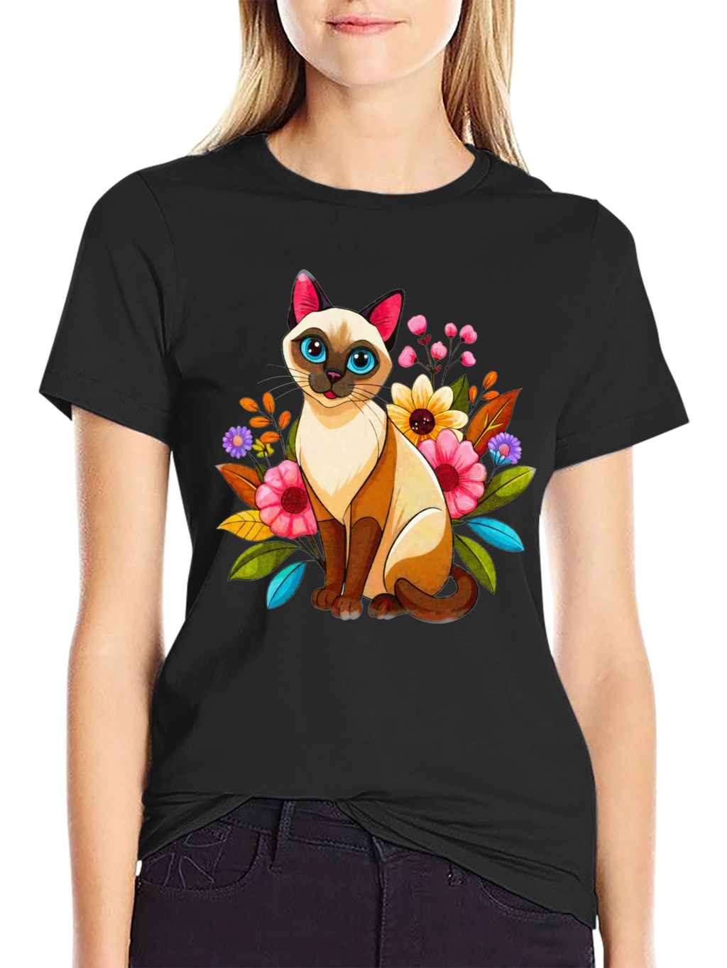 Floral Cat Graphic Tee - Unique Design
