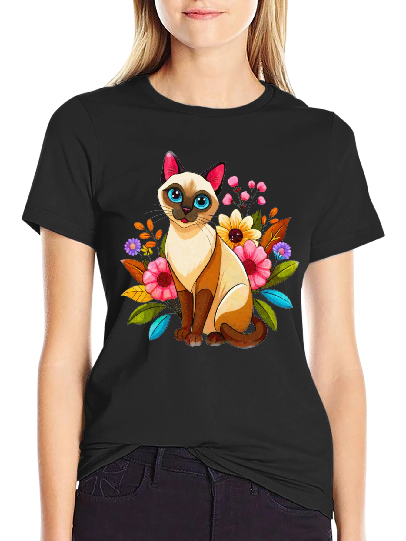 Floral Cat Graphic Tee - Unique Design