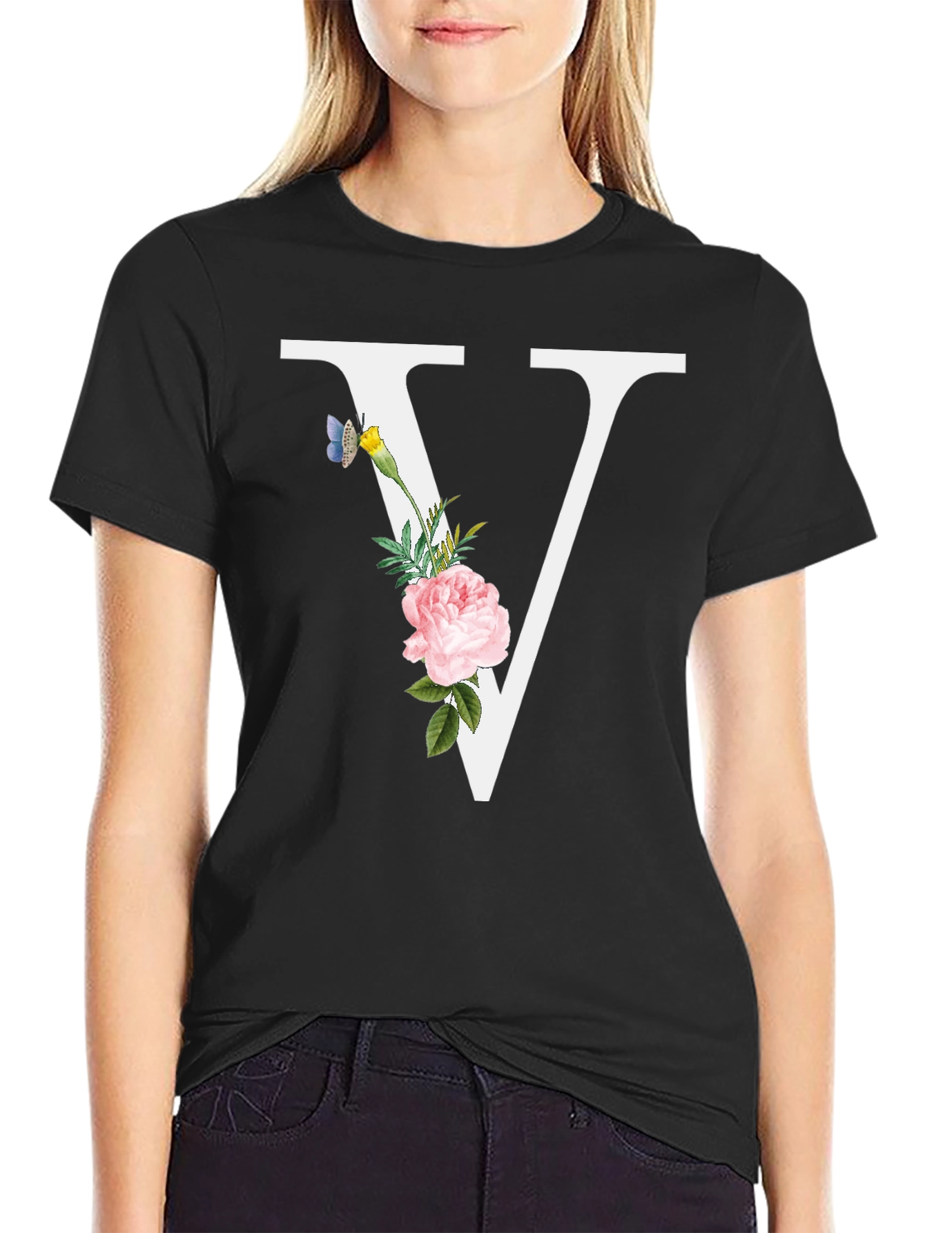 Floral V Letter T-Shirt
