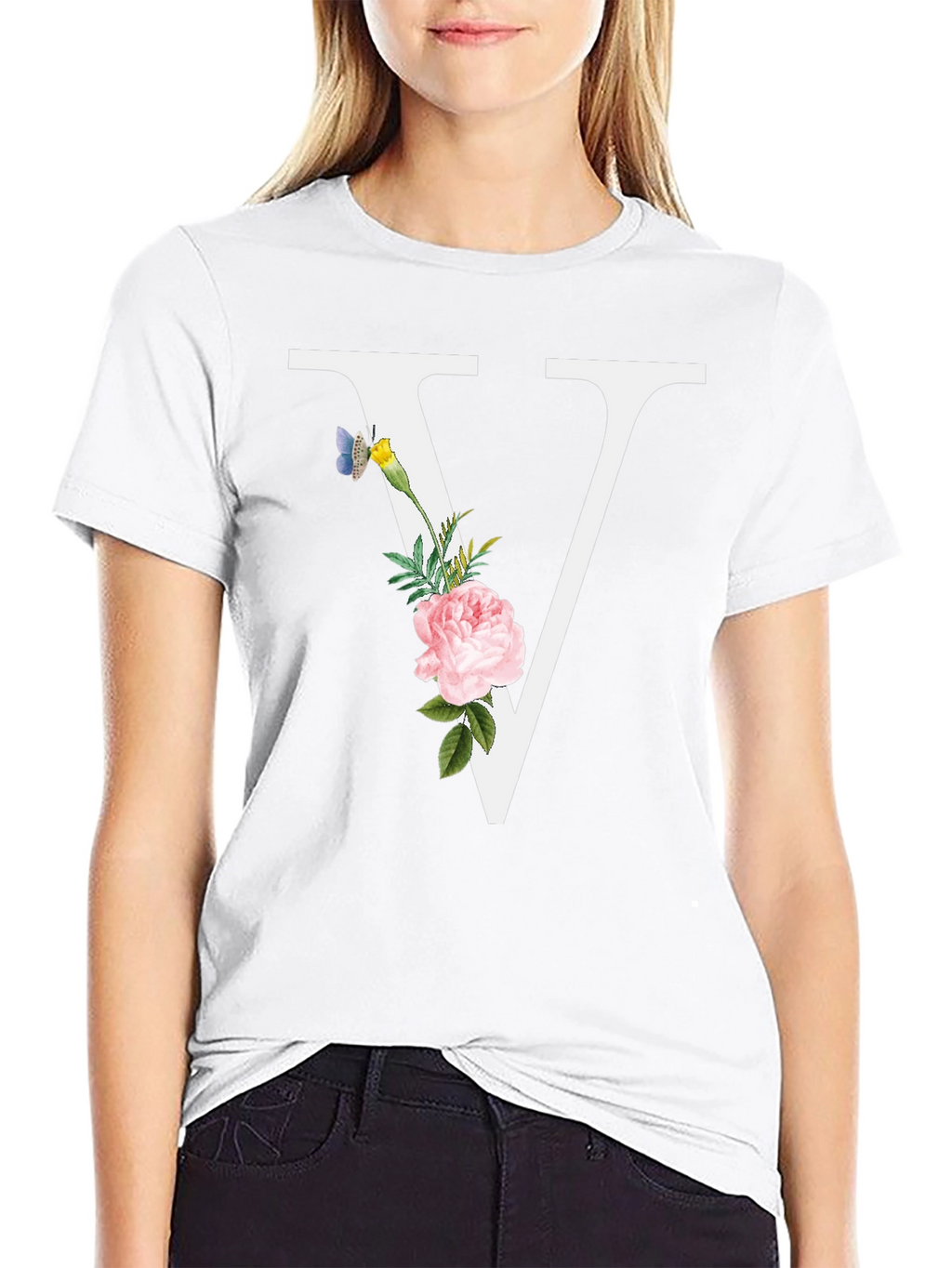 Floral V Letter T-Shirt