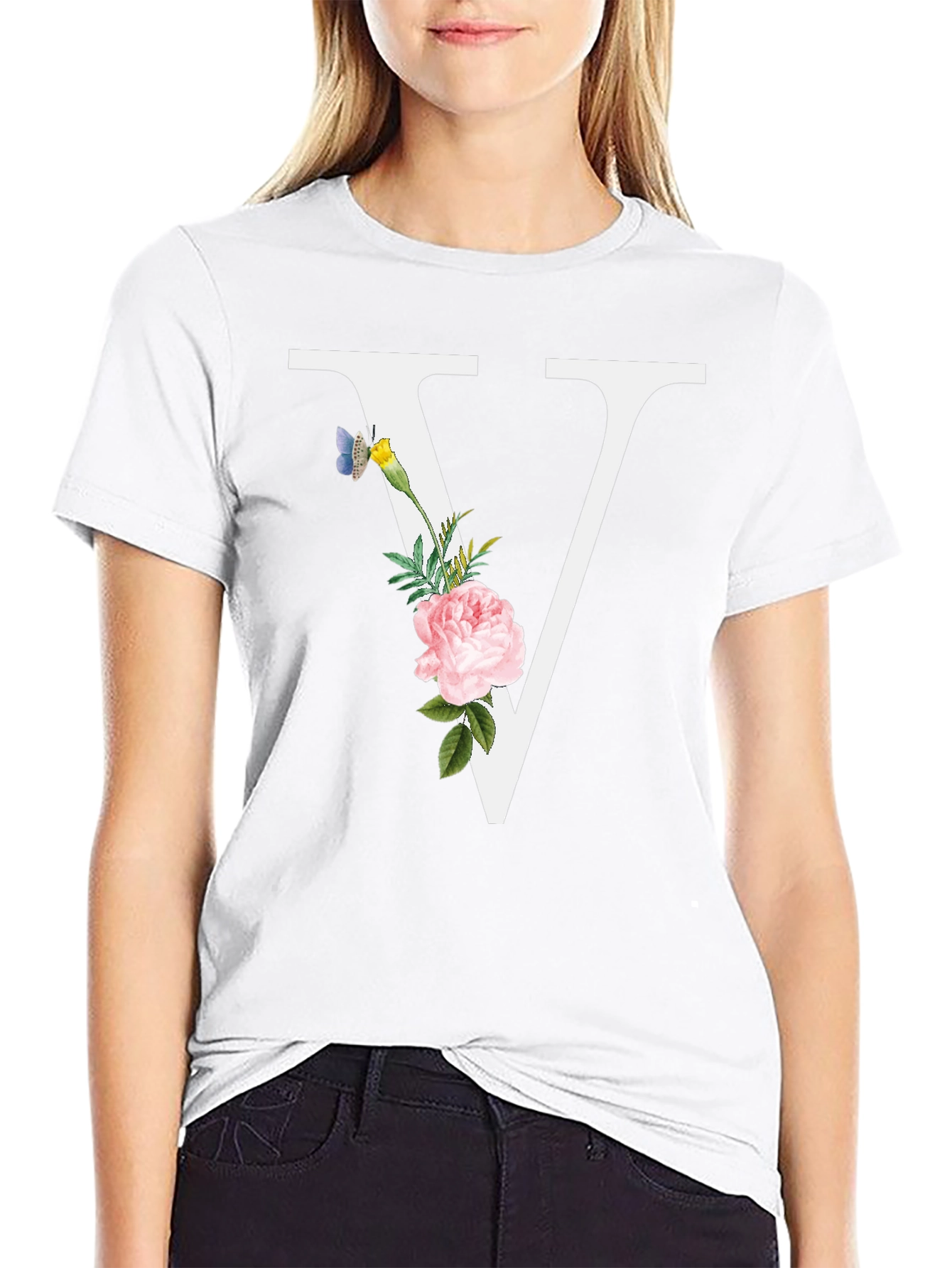 Floral V Letter T-Shirt