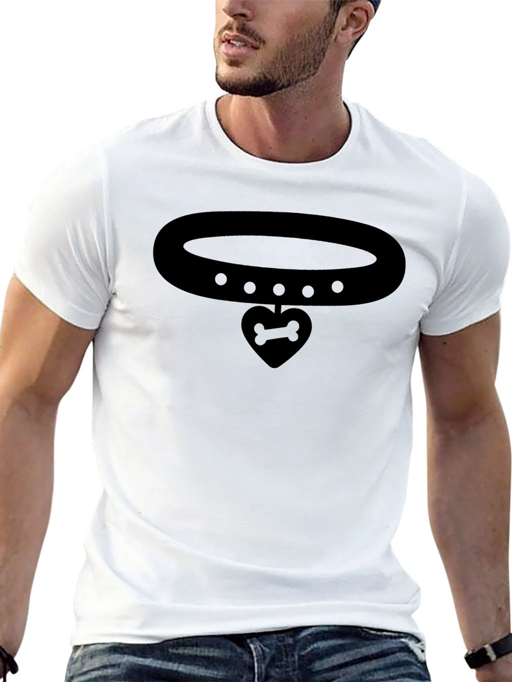 Bone Heart Pendant Collar Graphic Black T-Shirt