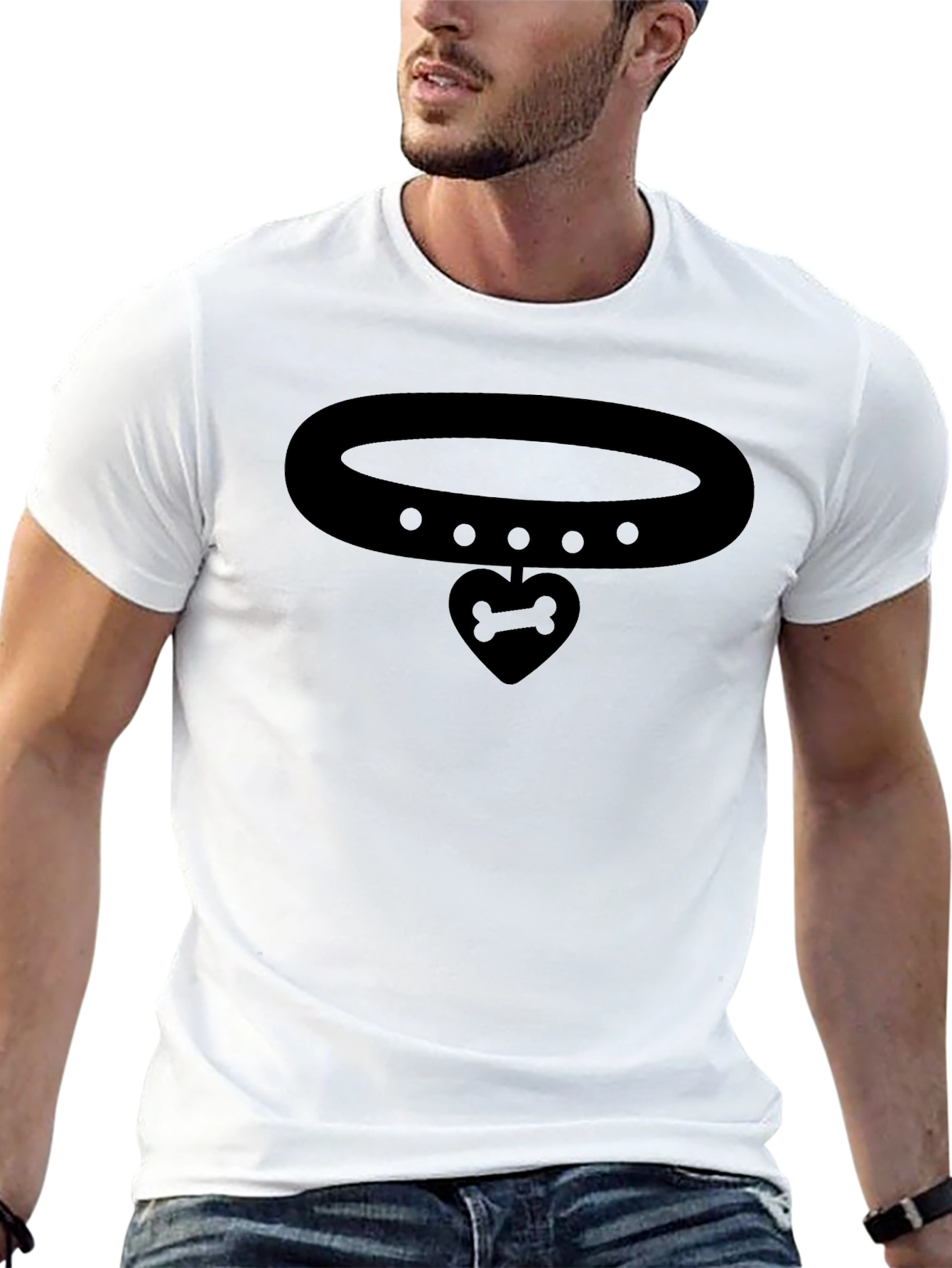 Bone Heart Pendant Collar Graphic Black T-Shirt
