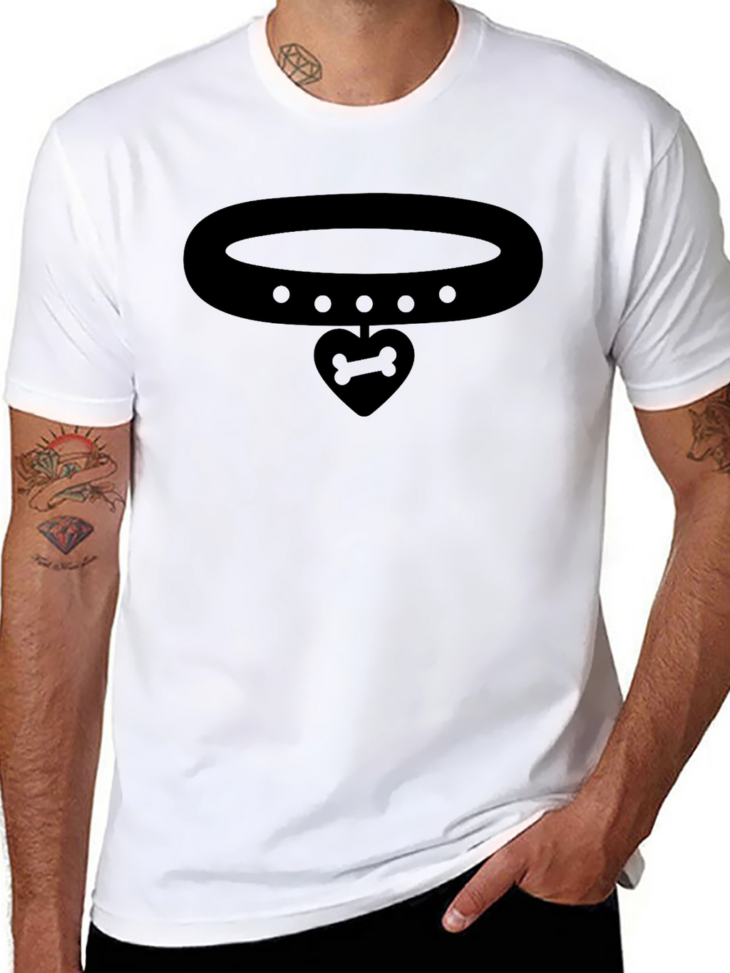 Bone Heart Pendant Collar Graphic Black T-Shirt