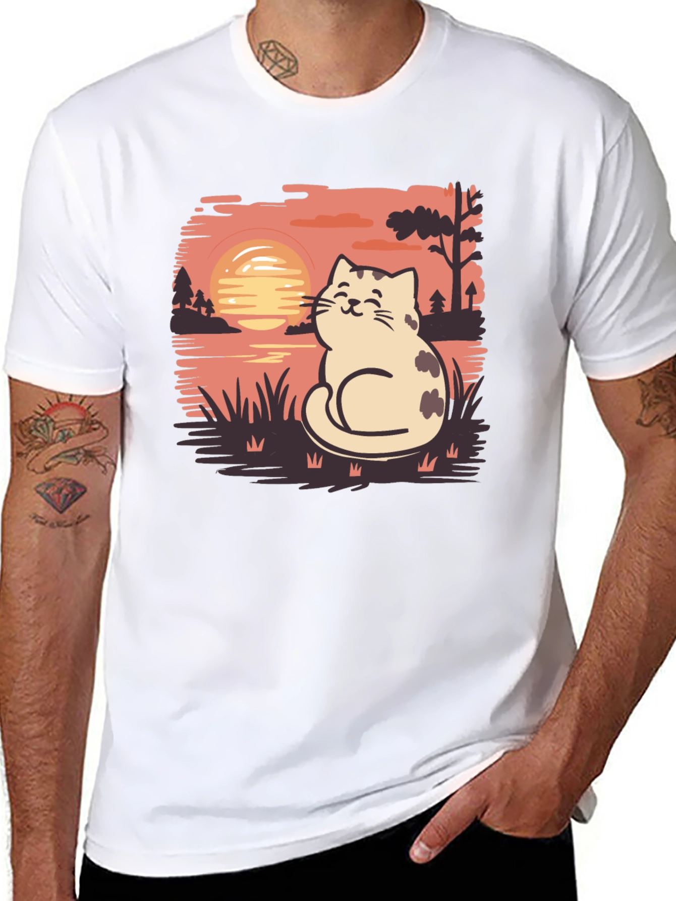Cat Sunset Graphic Tee - Cozy Comfort Stylish Design