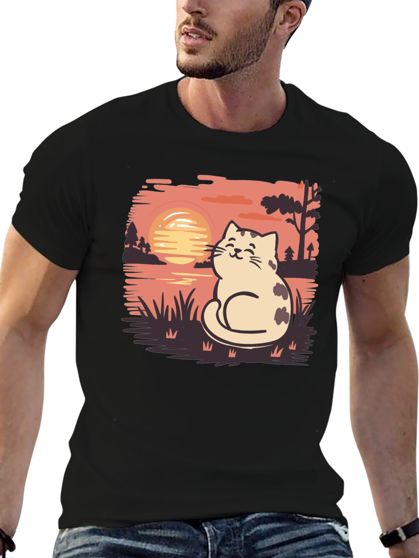 Cat Sunset Graphic Tee - Cozy Comfort Stylish Design