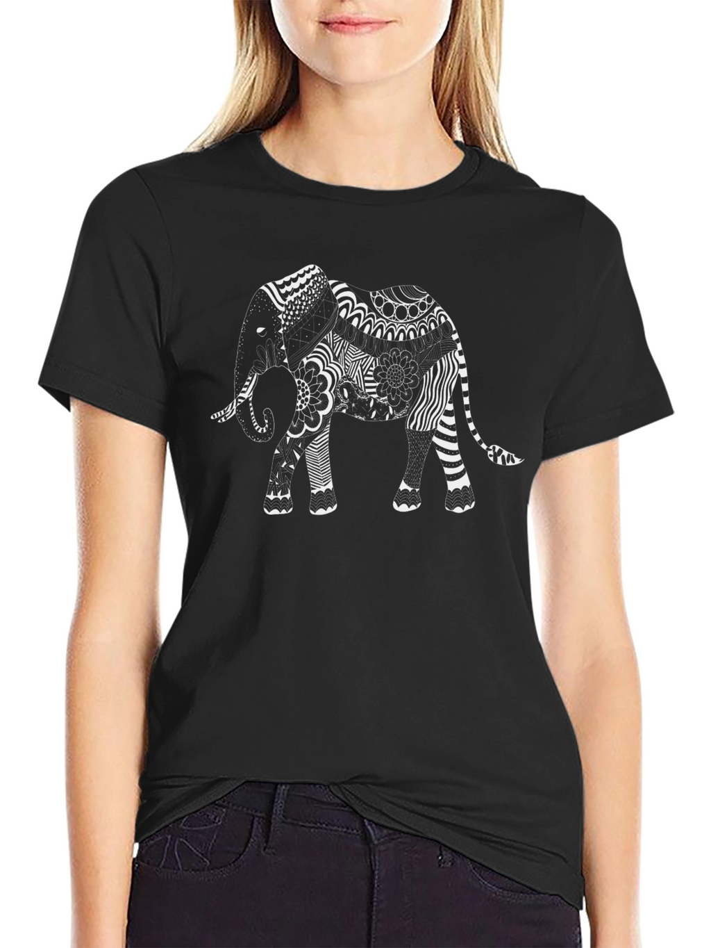 Elephant Art Print Black T-Shirt